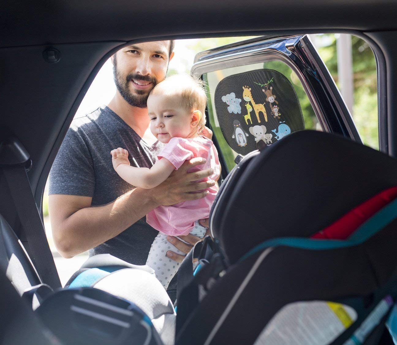 HECKBO Sonnenschutz 2x Auto Sonnenblende mit 8 Saugnäpfen - Baby Tiere mit Mama