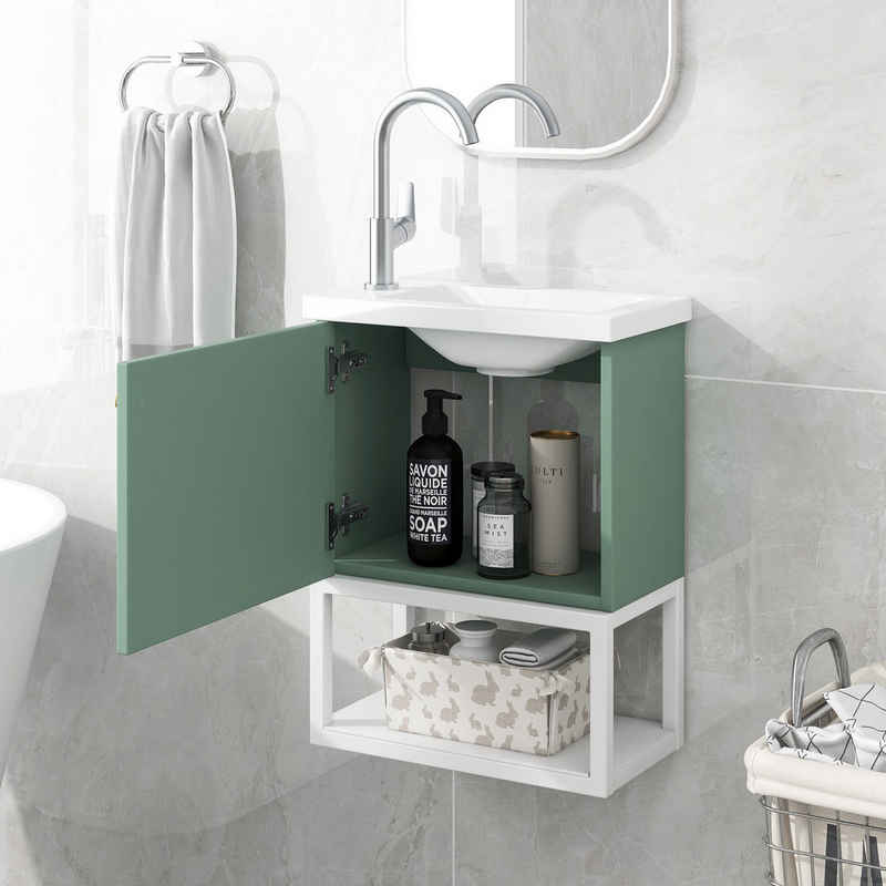 Odikalo Badezimmer-Set Badezimmermöbel Waschbecken Waschtischunterschrank hängend weiß/grün