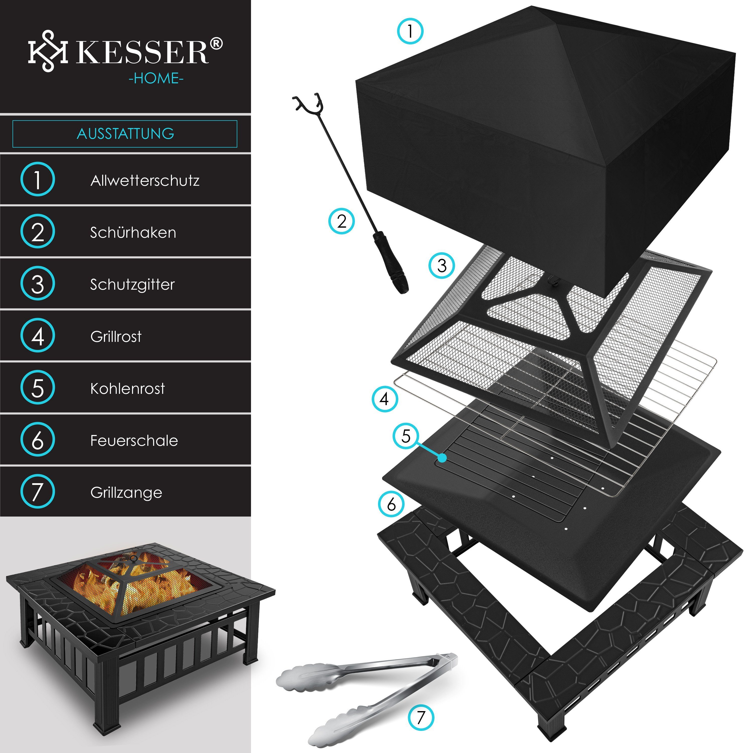 KESSER Feuerschale, Feuerstelle mit Grillrost Grillzange Feuerschale 82x82x50 cm