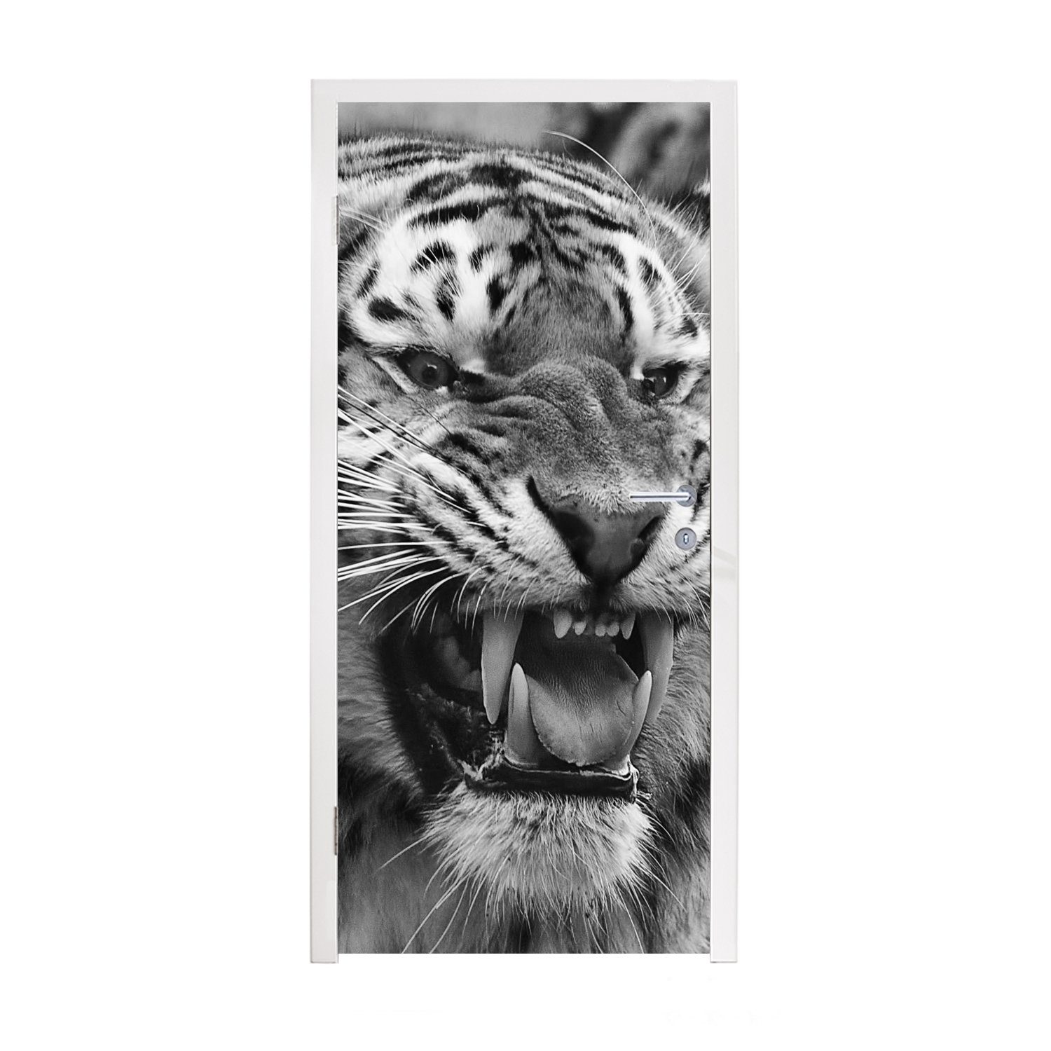 MuchoWow Türtapete Tiger - Tiere - Schwarz - Weiß, Matt, bedruckt, (1 St), Fototapete für Tür, Türaufkleber, 75x205 cm