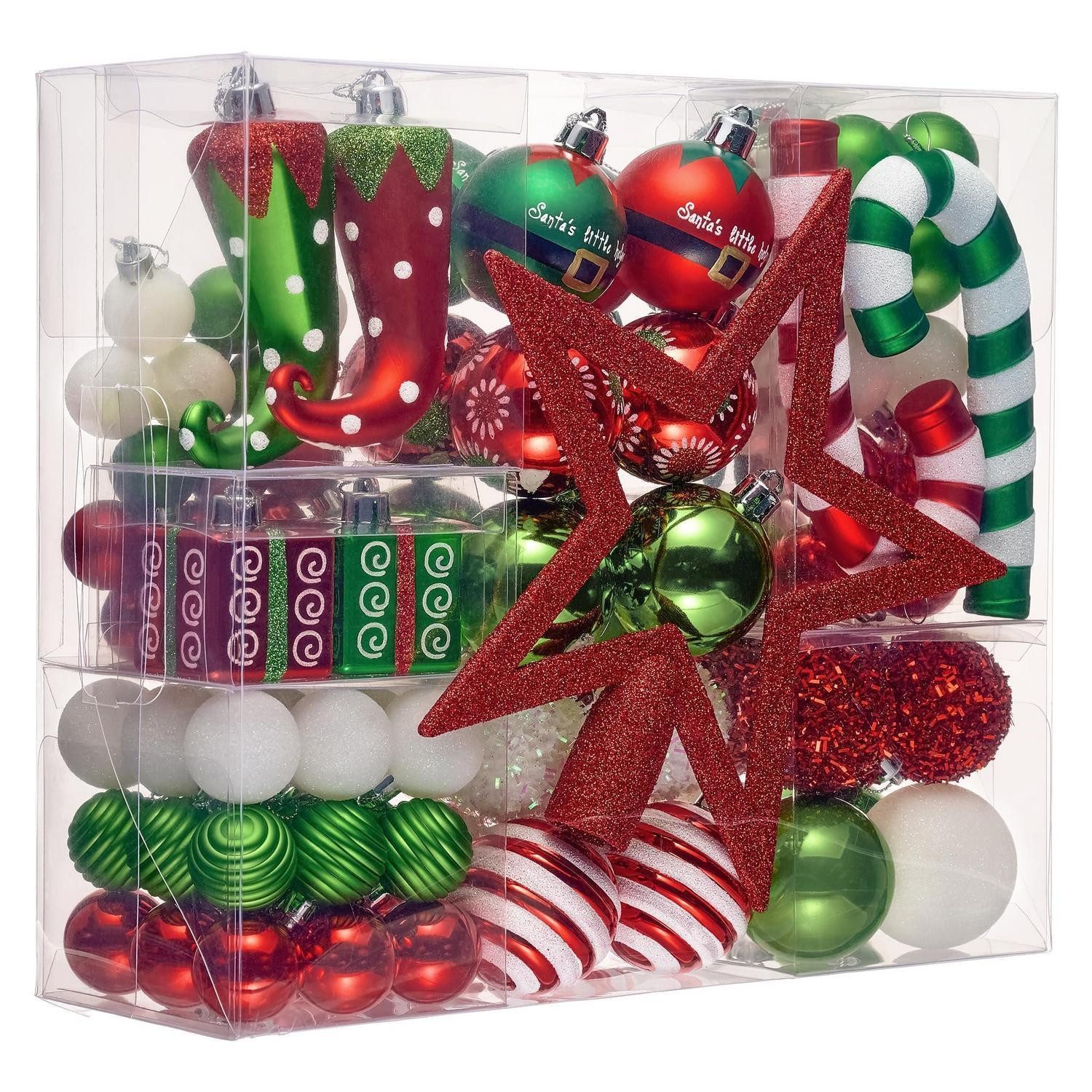 LuxusKollektion Christbaumschmuck Weihnachtskugeln 100tlg. Plastik Christbaumschmuck Set Rot Grün Weiß