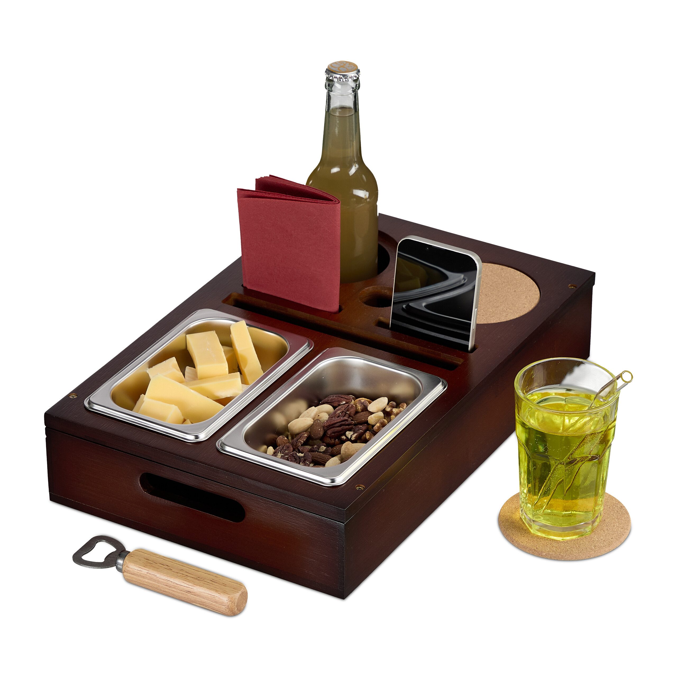 relaxdays Tabletttisch Couchbar mit Snackschalen, Braun günstig online kaufen