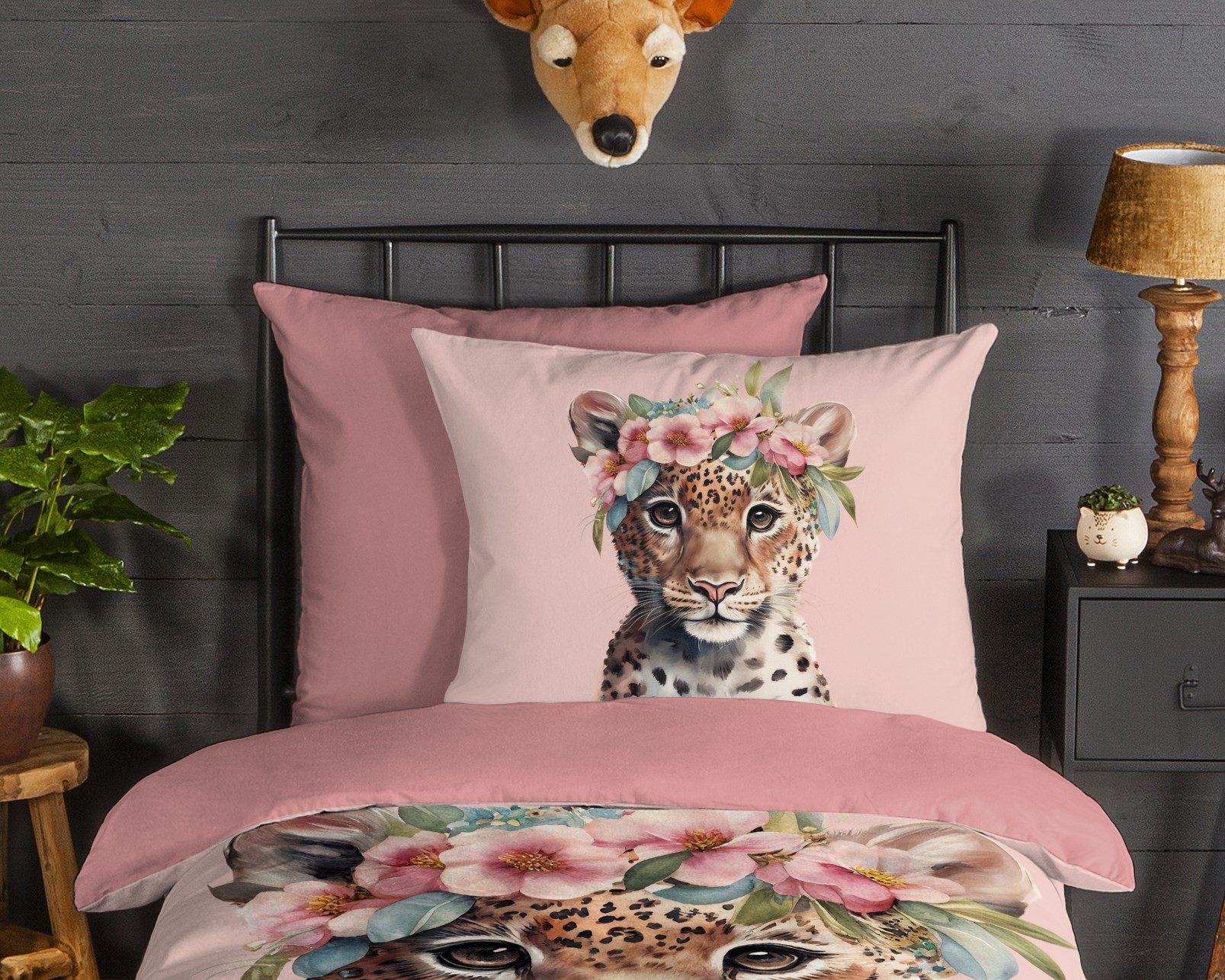 good morning Kinderbettwäsche Kiranmu, Biber, Flanell, 2 teilig, Flanell Biber, 135x200, Warm, Reißverschluss, Wende, Mädchen, leopard – Bild 3 von 5