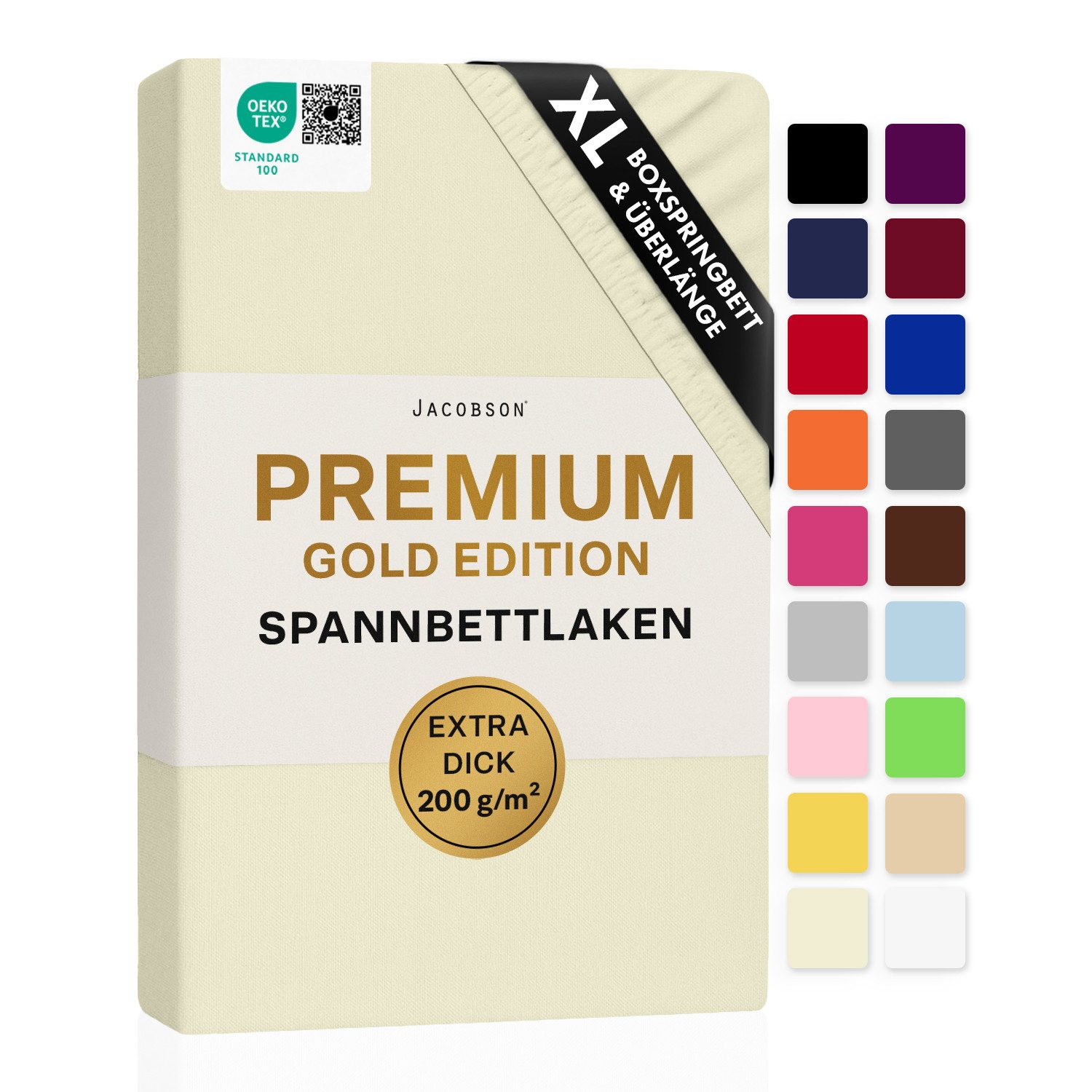 Jacobson Spannbettlaken PREMIUM für hohe Matratzen, Boxspringbett & Überlänge - 200 g/m², Stoffgewicht - straffer Sitz für maximalen Halt