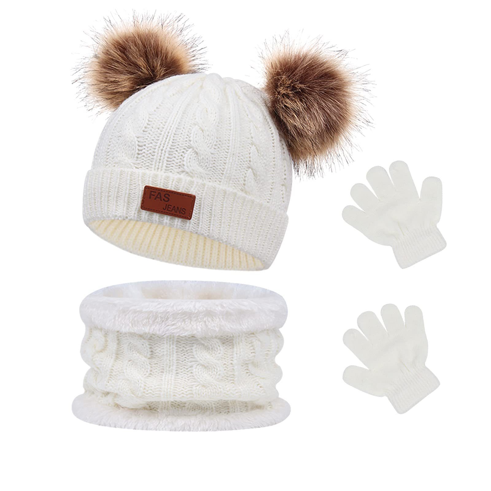 POCHUMIDUU Strickmütze Kinder-Wintermütze-Schal-Handschuh-Set (1-St., mit Fleece Futter und Fell Bobbl) für Kinder-Jungen-Mädchen 1-5 Jahre weiß