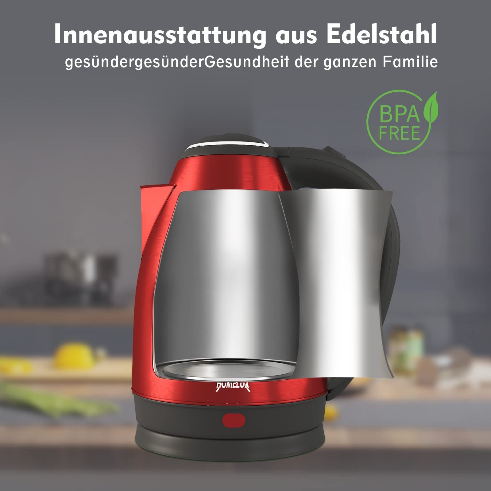 BPA-freier Abschaltautomatik 1500,00 Trockengehschutz, Geeignet für 1.8 l, und Kaffee, HOMELUX Schnelldurchlauferhitzer, Wasserkocher Heißwasserboiler, Tee Rot Edelstahl W,