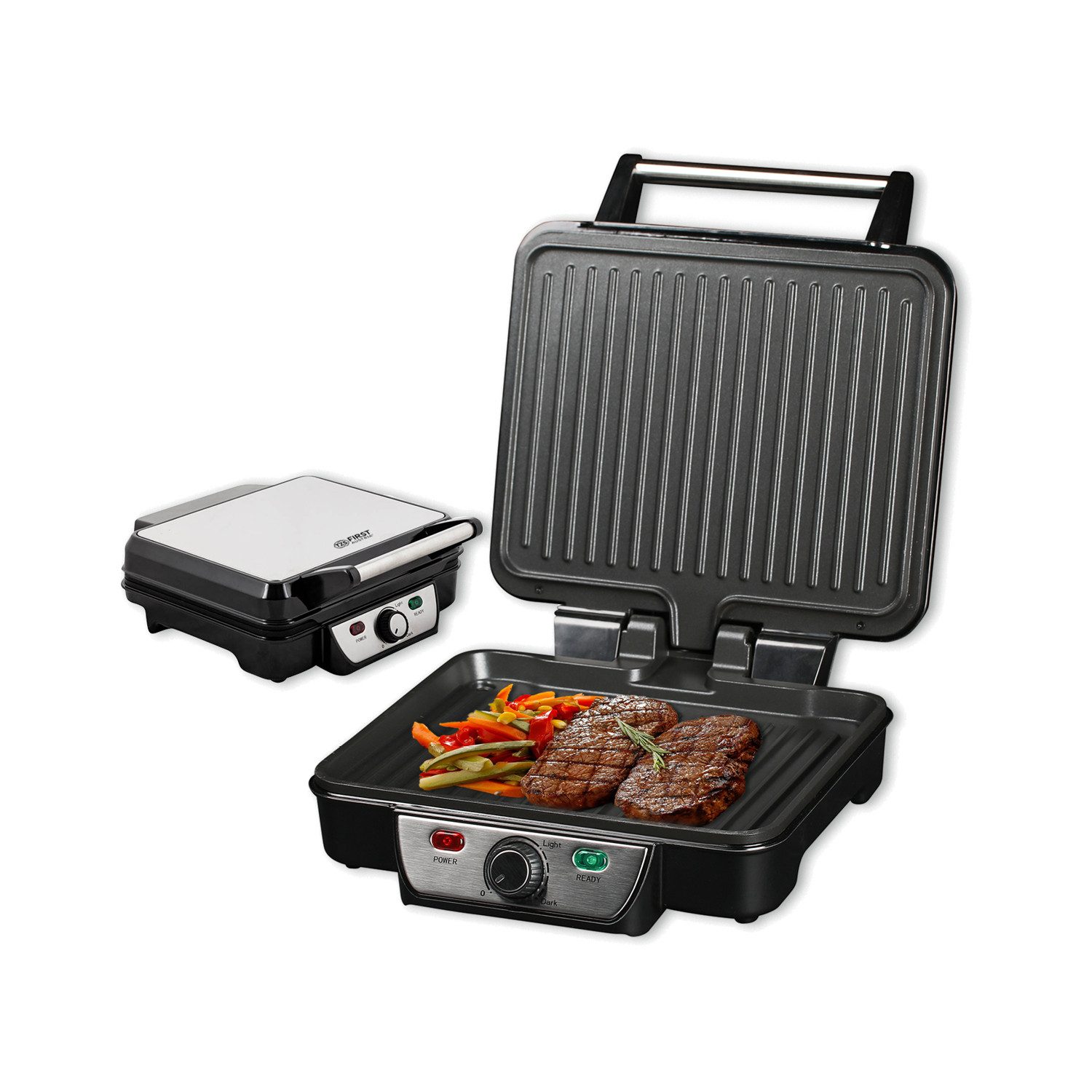 TZS FIRST AUSTRIA Kontaktgrill Tischgrill, Elektrogrill, Grillplatte, 1800 W, Thermostat, Edelstahl, 1800W, für Fleisch & Gemüse, 180-Grad-Öffnung