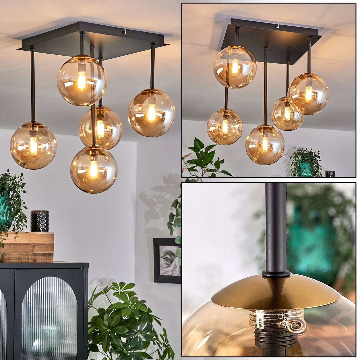 hofstein Deckenleuchte Deckenlampe aus Metall/Glas Glas, in LED, Leuchte Leuchtmittel ohne G9 x Schwarz/Goldfarben/Bernsteinfarben, Leuchtmittel, Retro-Design ohne 5 im aus