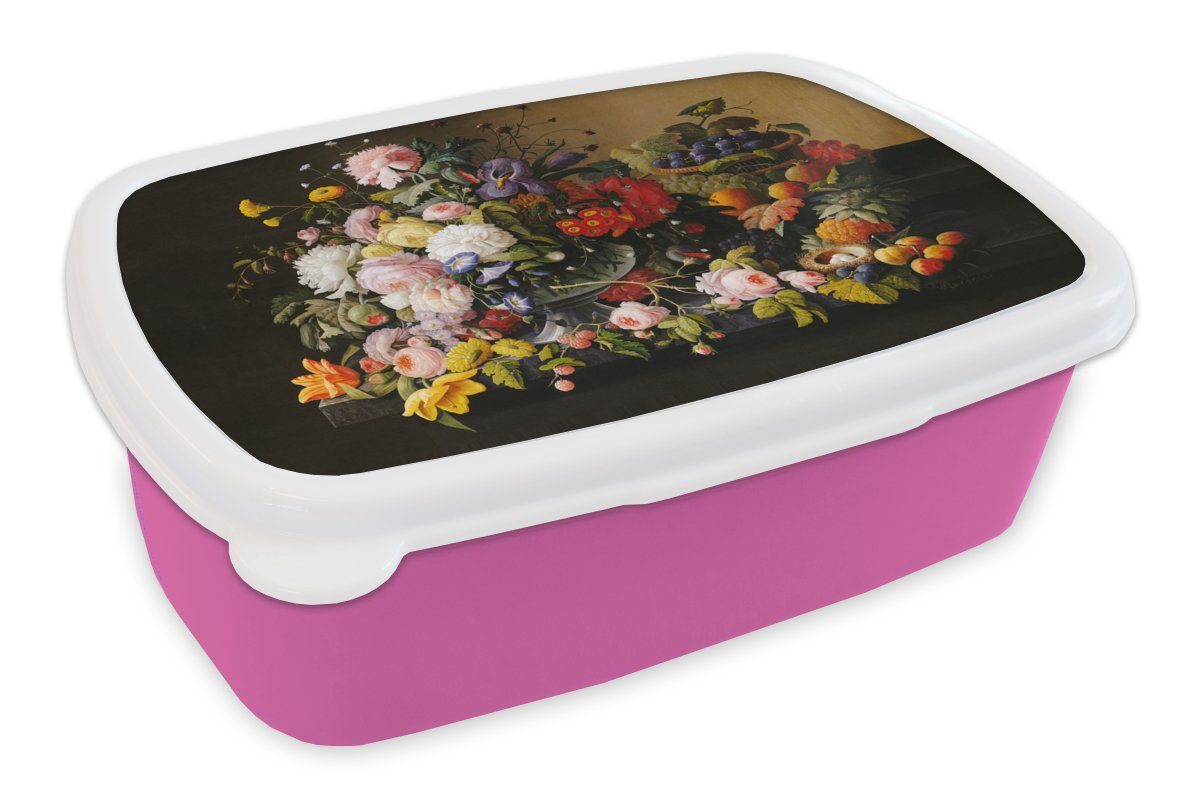 MuchoWow Lunchbox Stilleben mit Blumen und Früchten - Kunstwerk - Alte Meister, Kunststoff, (2-tlg), Brotbox für Erwachsene, Brotdose Kinder, Snackbox, Mädchen, Kunststoff rosa