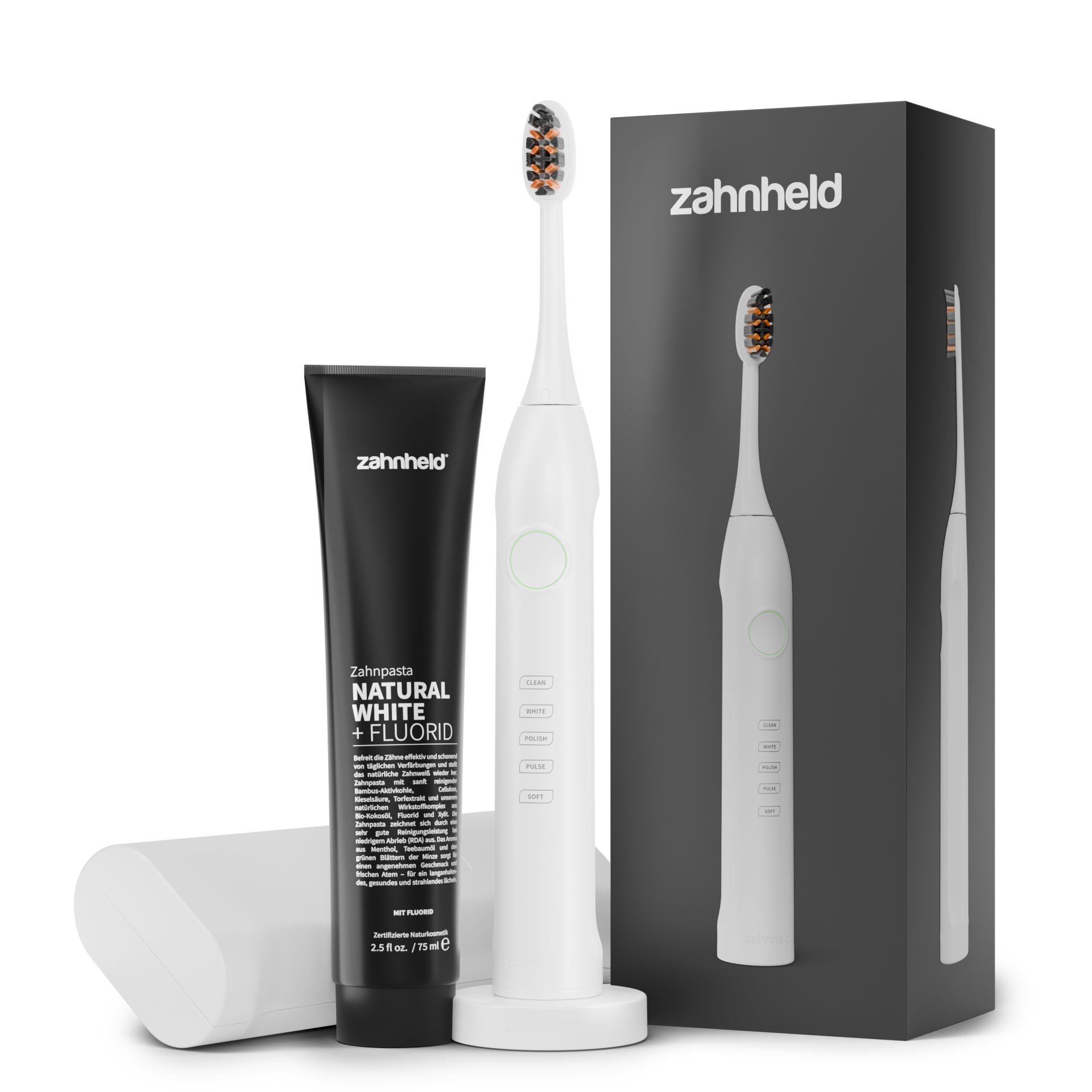 Zahnheld Elektrische Zahnbürste Schallzahnbürste Gero im Set mit Zahnpasta Natural White und Reiseetui, 5 Putzmodi, Zahnpflege Set, weiß, Mundpflege, Reisezahnbürste, Zahnbürste mit Schall, USB Ladestation