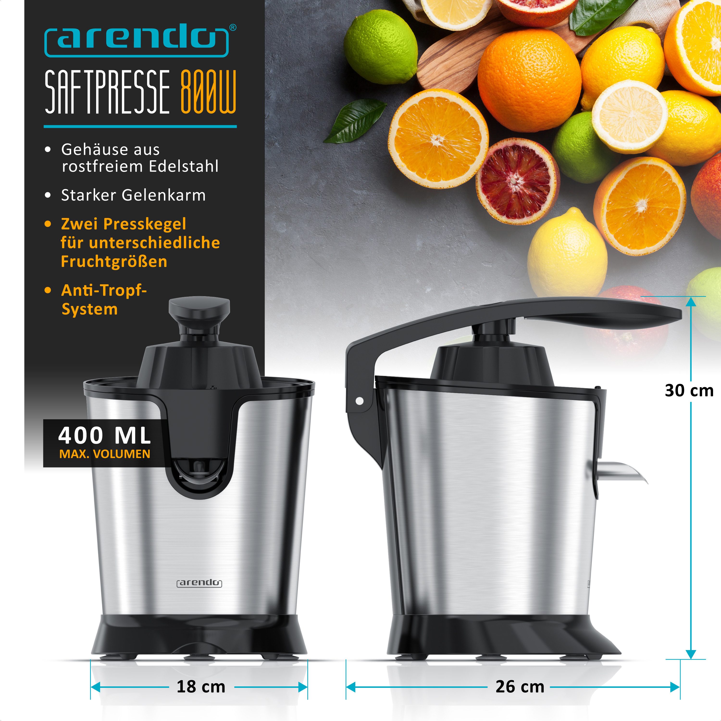 Arendo Entsafter Edelstahl Zitronenpresse, Orangenpresse, Limettenpresse, Saftpresse, 800 W, 0,4 L Behälter, 2 Presskegel, Tropfstopp, spülmaschinengeeignet