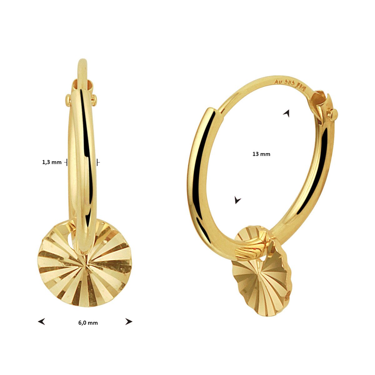 NICEANDnoble Paar Creolen 585er Gelbgold Creolen mit diamantiertem Plättchen, abnehmbare, runde Plättchen