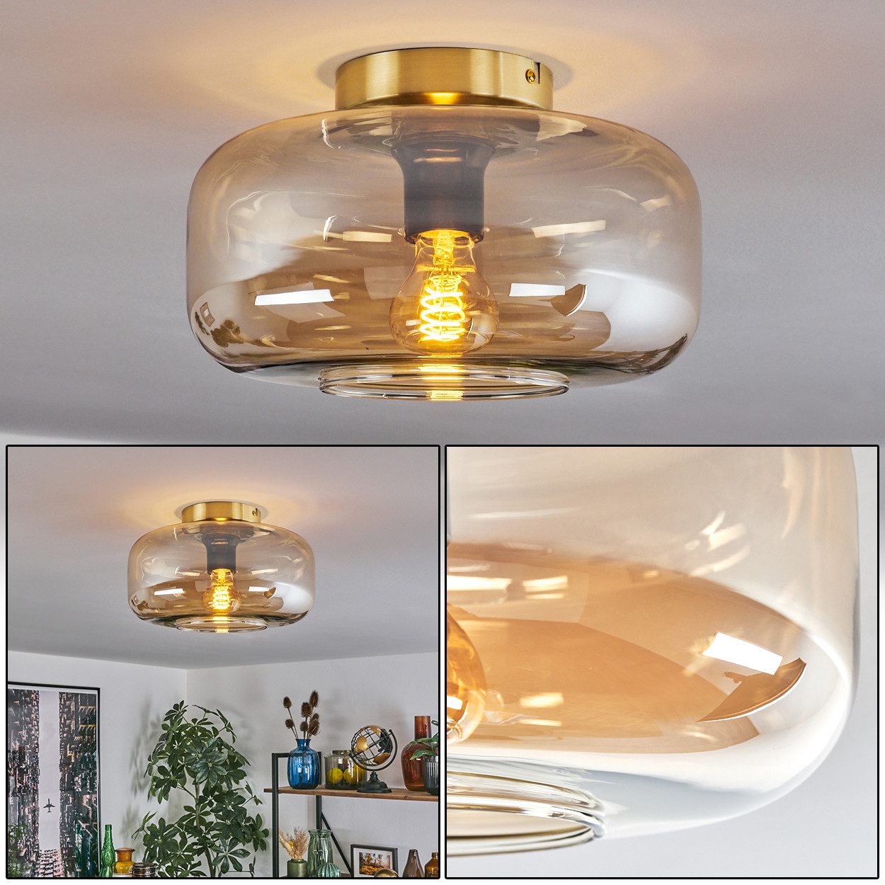 hofstein Deckenleuchte Deckenlampe aus Metall/Glas in Messingfarben/Bernste günstig online kaufen