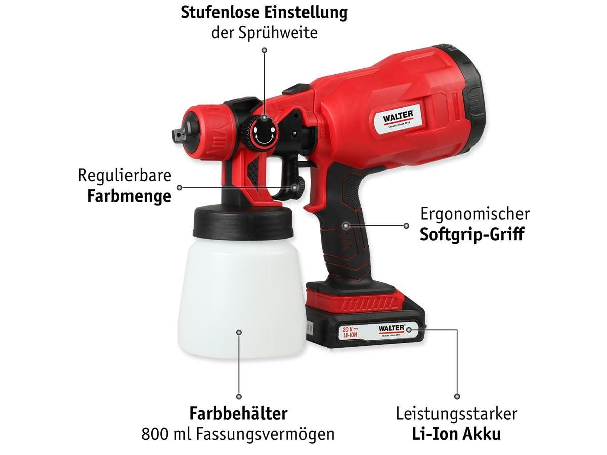 WALTER Farbsprühgerät Farbsprühsystem, (Set, 10-tlg), Inkl. 2 Sprühaufsätze,2 Behälter & Akku