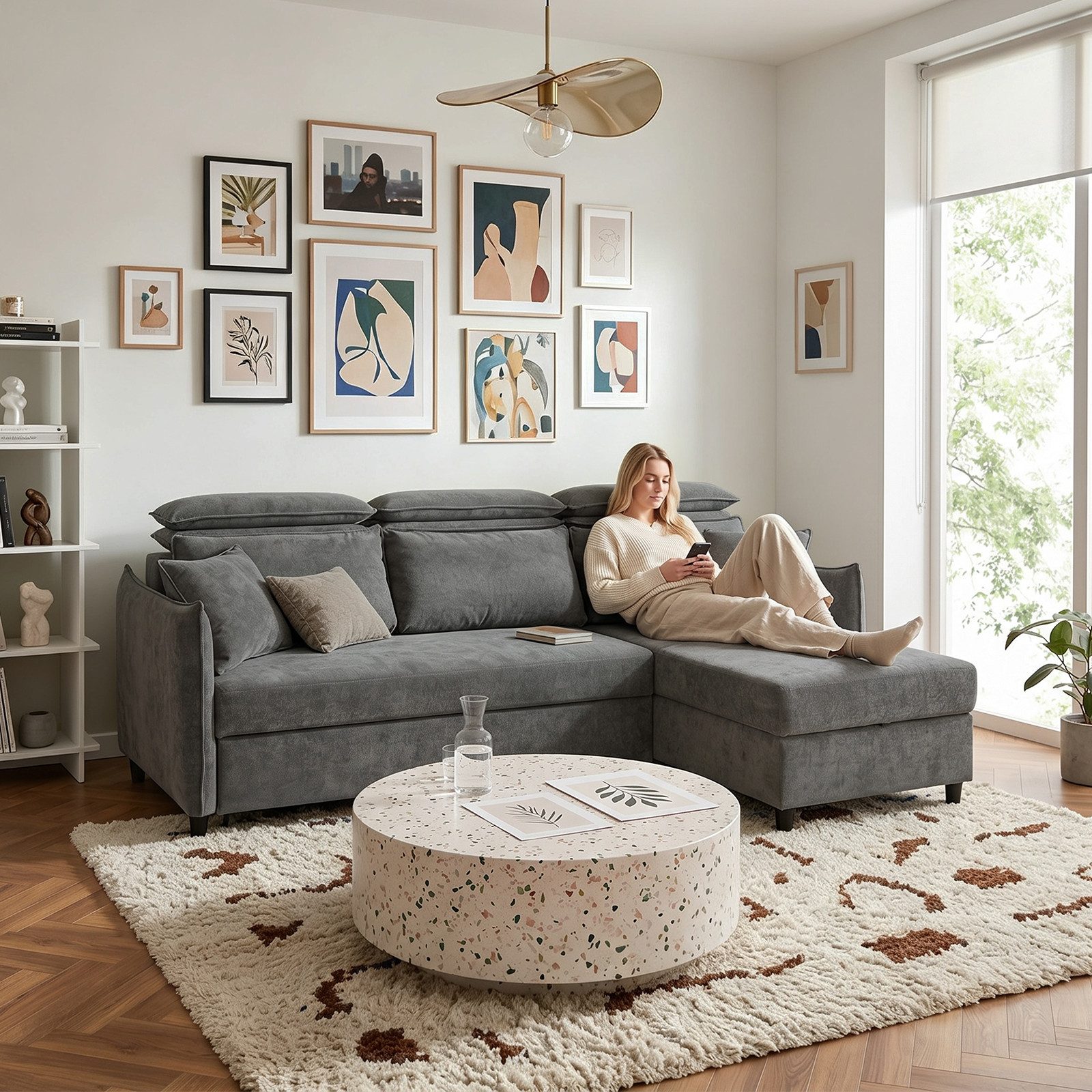 Woltu Ecksofa, Ausziehbares Schlafsofa 3 Sitzer mit verstellbaren Kopfstützen