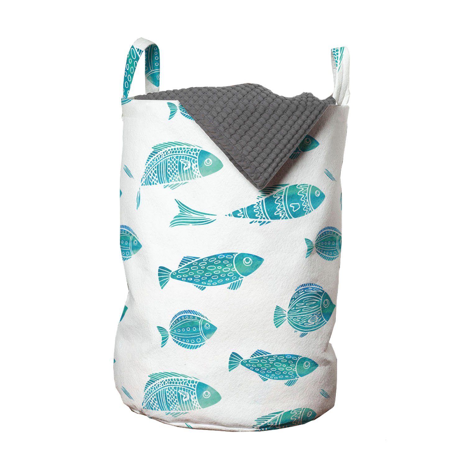 Abakuhaus Wäschesäckchen Wäschekorb mit Griffen Kordelzugverschluss für Waschsalons, Fisch Gekritzel-Kunst-Leben im Wasser
