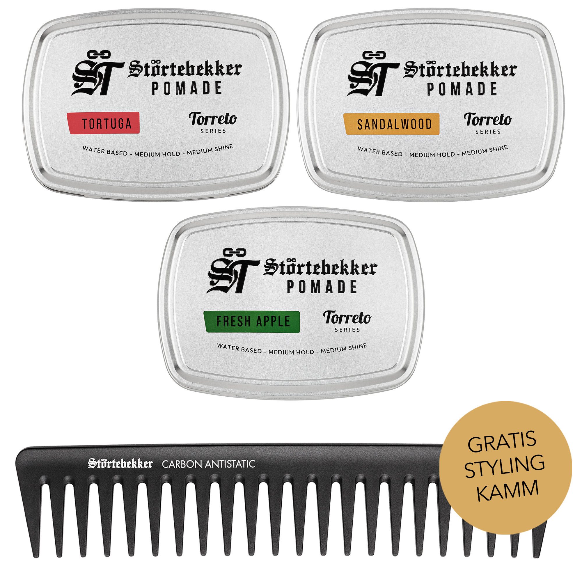 Störtebekker Haarpomade Torreto Series - Wasserbasiert - Probierset inkl. Gratis Styling Kamm, Haarstyling