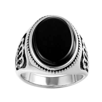 Karisma Fingerring Männer Edestahl 316L Silber Krone Herrenring - Agate Achat Schwarzer Stein - RHC107