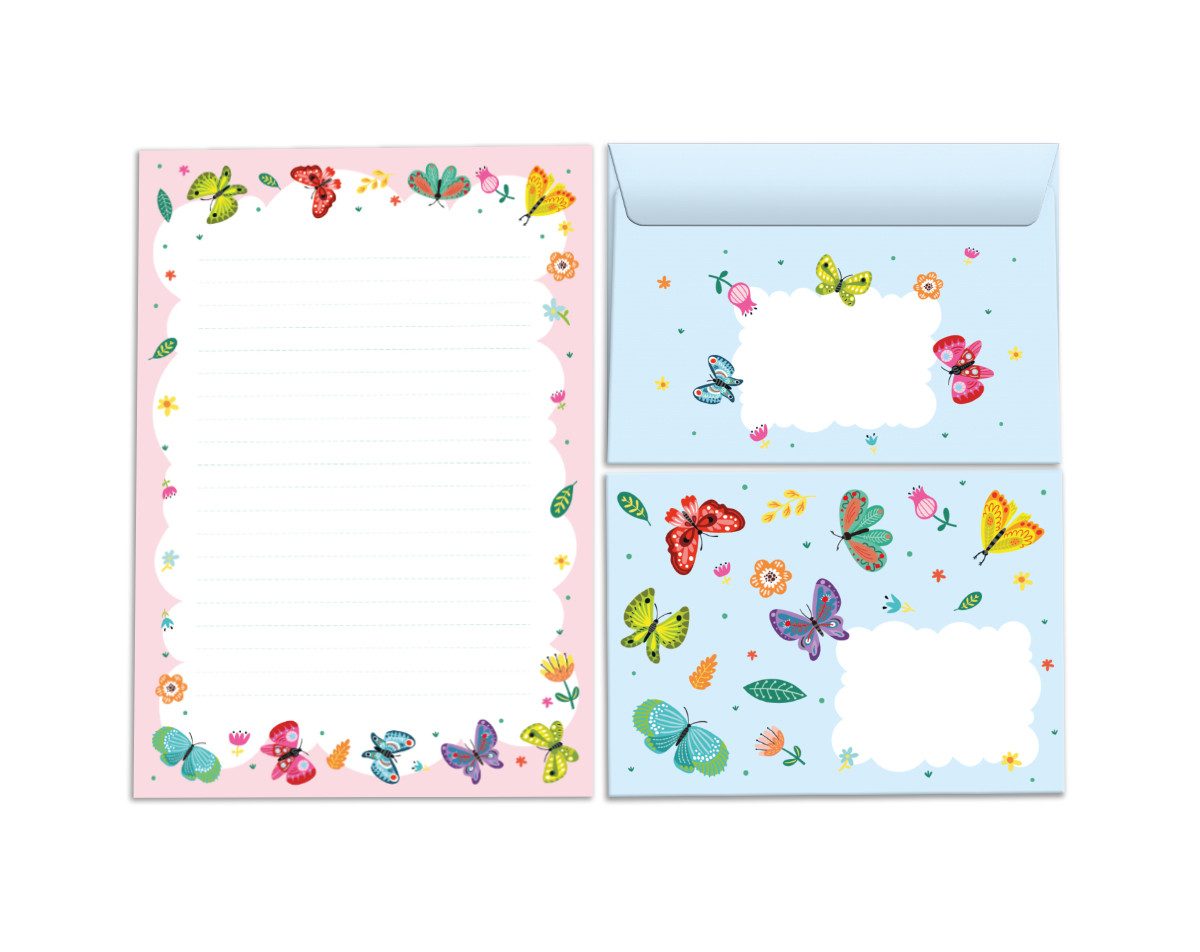 JUNAPACK Briefpapier Set Kinder Briefblock A5 mit Umschlägen Notizblock Schmetterling rosa, Kinder-Briefpapier A5 mit 15 Umschlägen, liniert & leicht beschreibbar