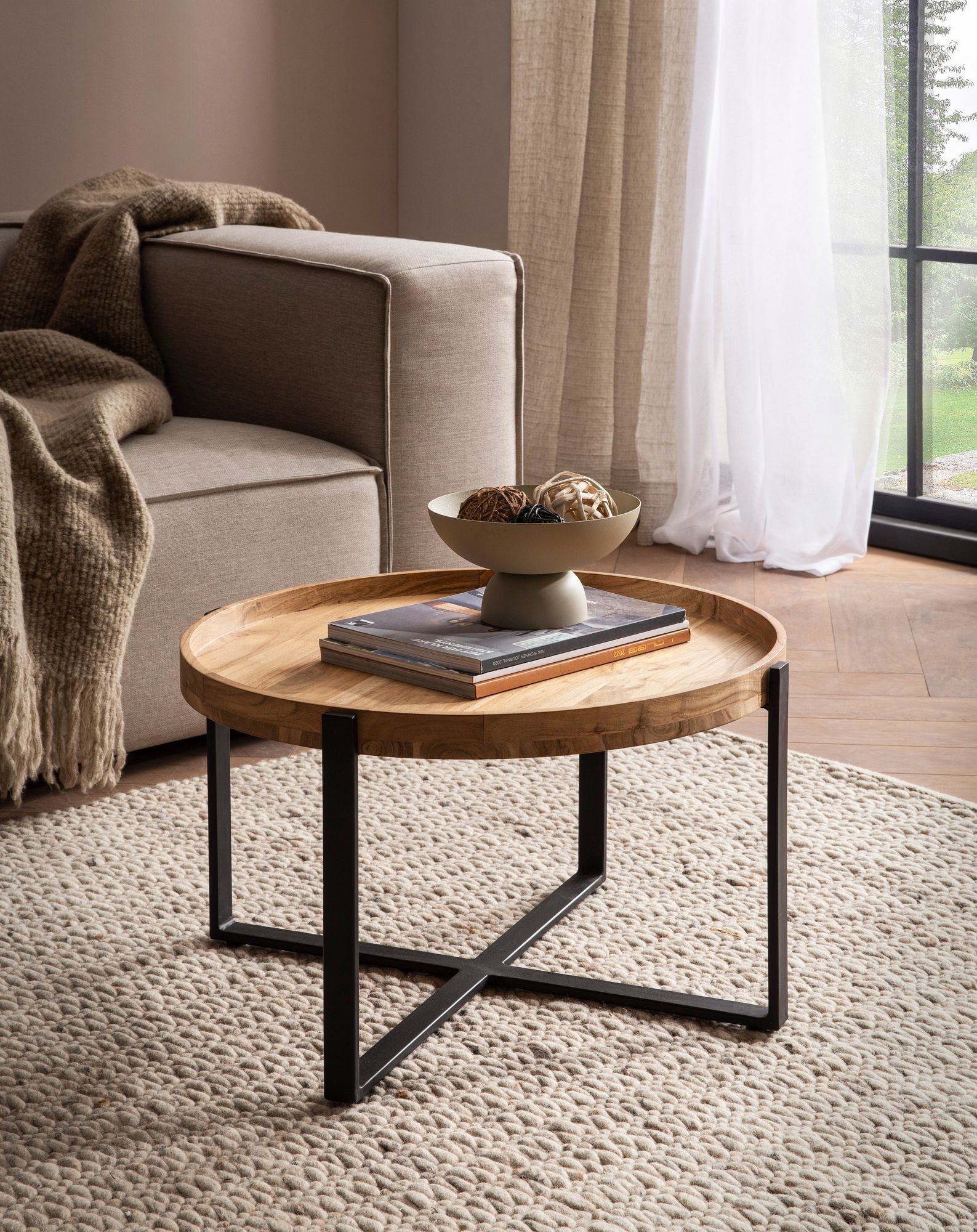 FINEBUY Couchtisch FB108491 Akazie Massivholz rund 60cm Wohnzimmertisch Kreuzgestell (60x60x36 cm Sofatisch Akazie Massivholz Modern), Wohnzimmertisch Rund Kaffeetisch Industrial