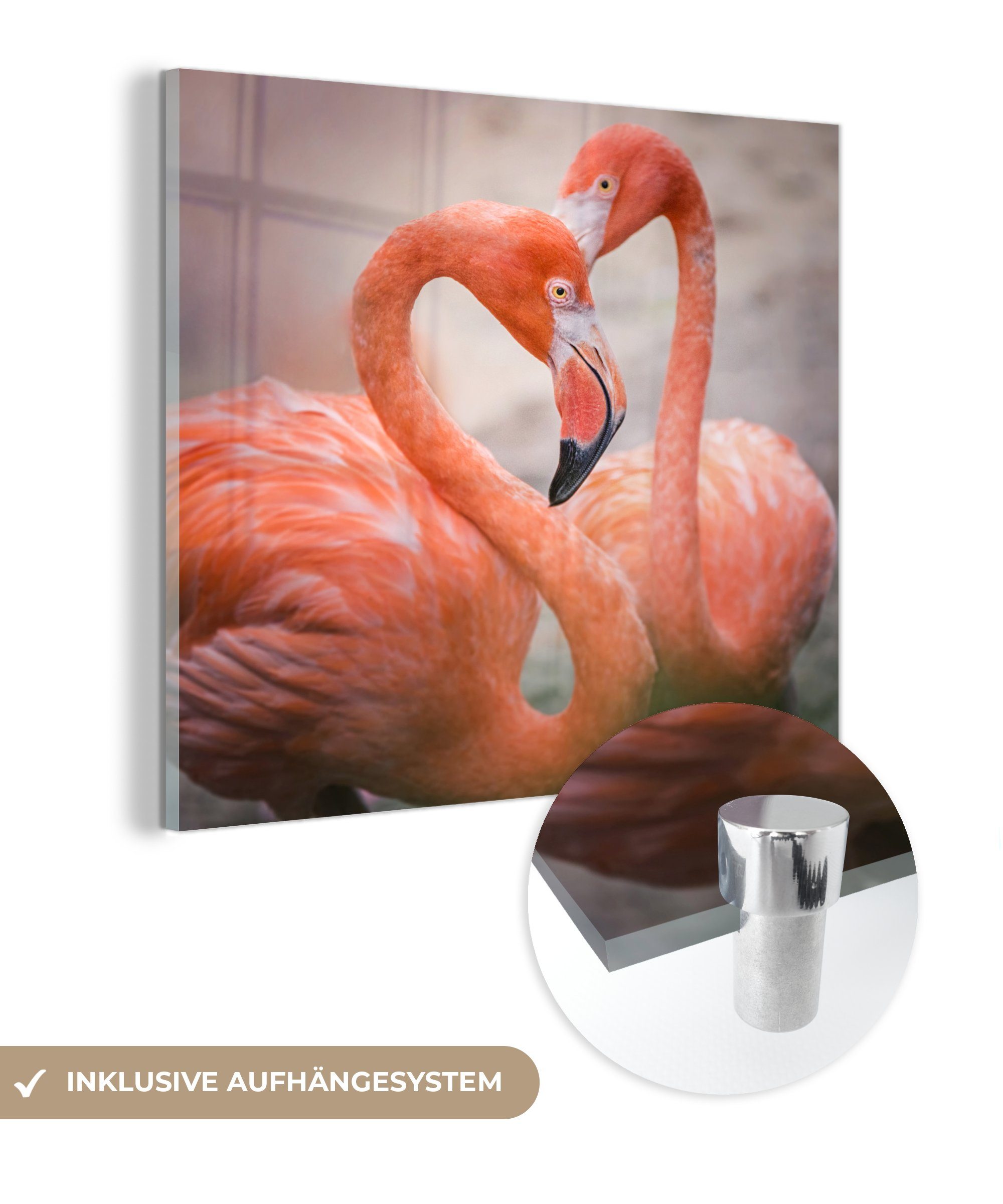 MuchoWow Acrylglasbild Zwei rote Flamingos bilden zusammen ein Herz, (1 St), Glasbilder - Bilder auf Glas Wandbild - Foto auf Glas - Wanddekoration