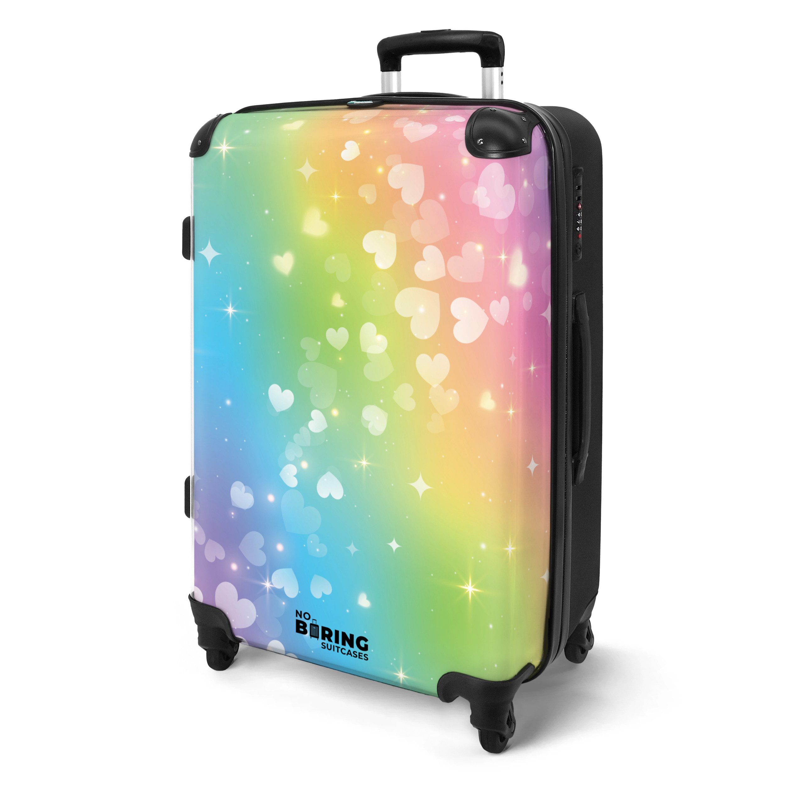 NoBoringSuitcases.com© Kinderkoffer mit leuchtende Räder - Herzen für Regenbogen-Hintergrund 67 cm - 72 L, 4 Rollen, Koffer Mittelgroß für 20kg, Suitcase für Erwachsene, Reisekoffer