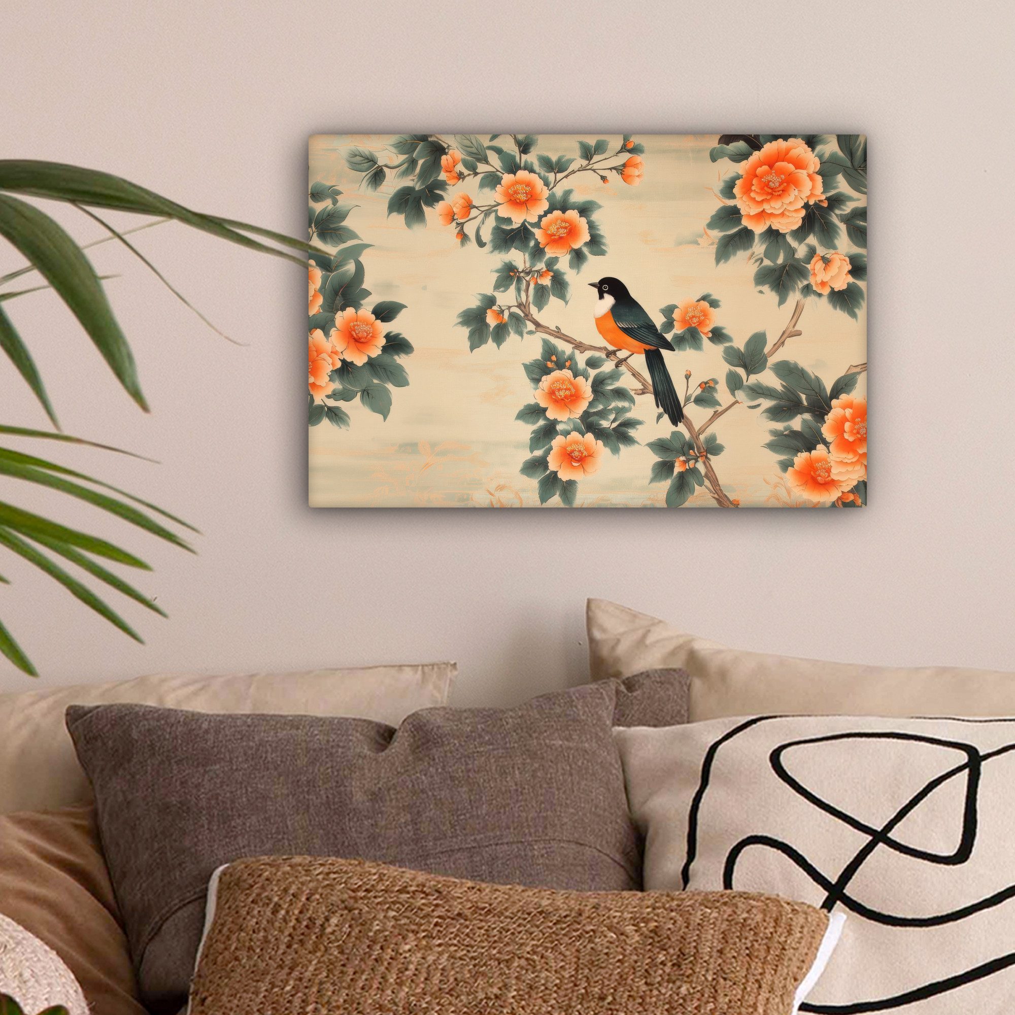 OneMillionCanvasses® Leinwandbild Vogel - Zweig - Blumen - Orange, Fotodruc günstig online kaufen