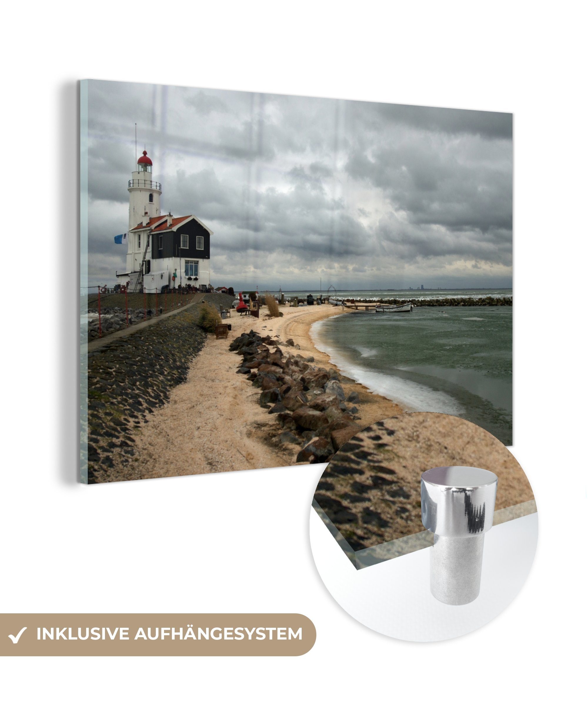 Vertrauen und Qualität an erster Stelle MuchoWow Acrylglasbild Kalter Strand Wohnzimmer & St), (1 Leuchtturm, Acrylglasbilder Schlafzimmer und alter