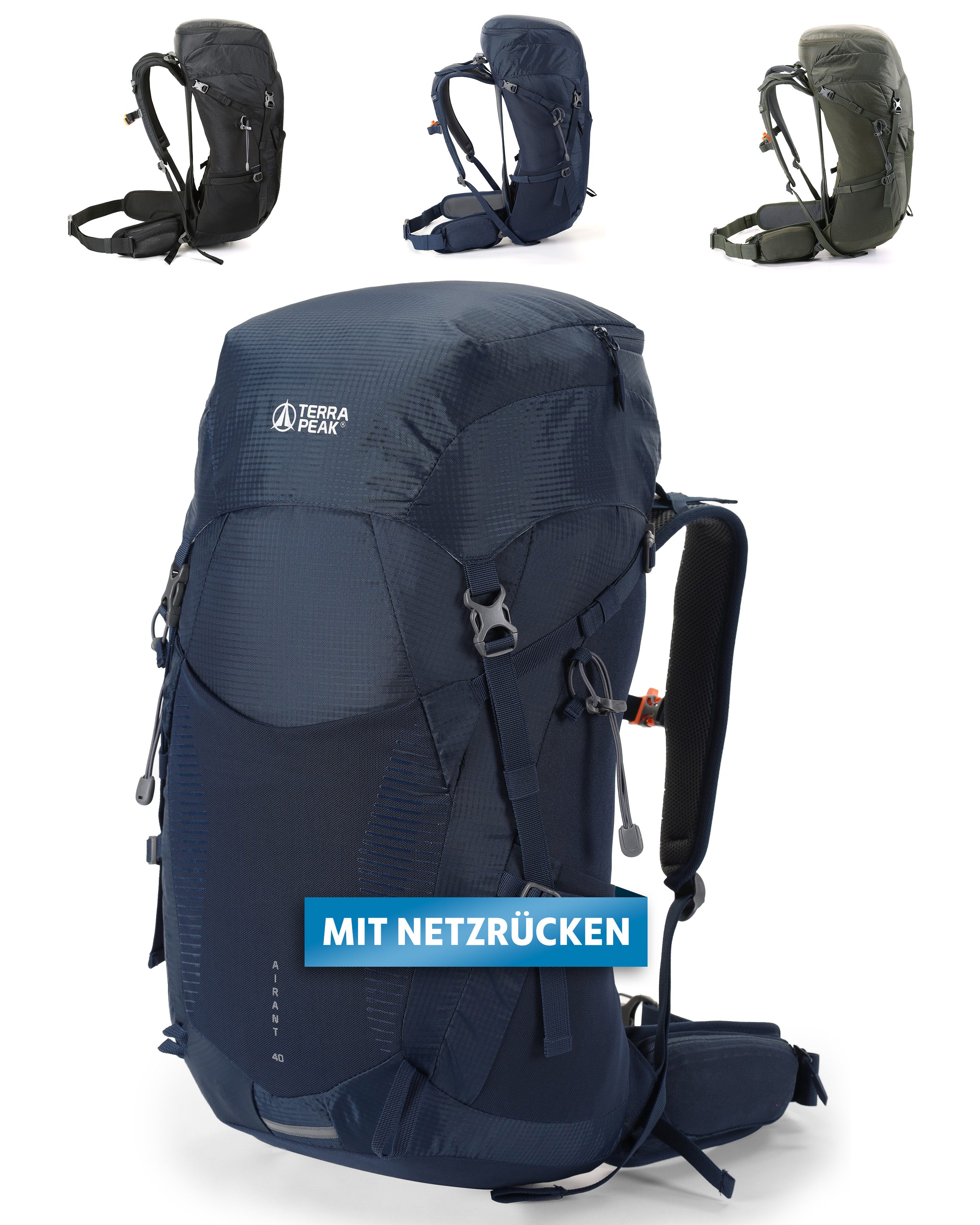 Terra Peak Wanderrucksack Airant 40, Rucksack mit belüftetem Netzrücken groß, 40 Liter