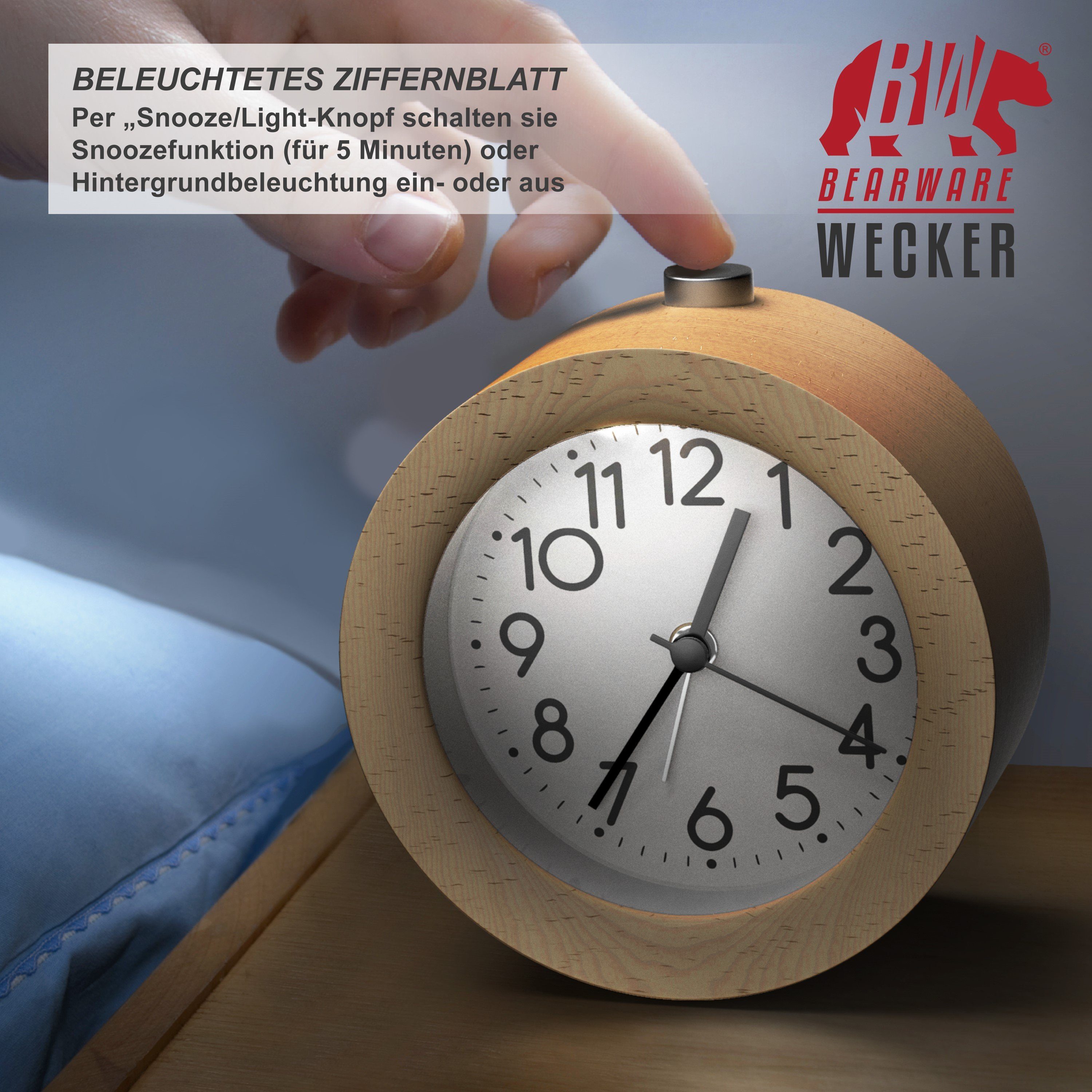Analoge BEARWARE & rundem mit Eiche beleuchtetem Ziffernblatt Weckuhr Holzkorpus Wecker