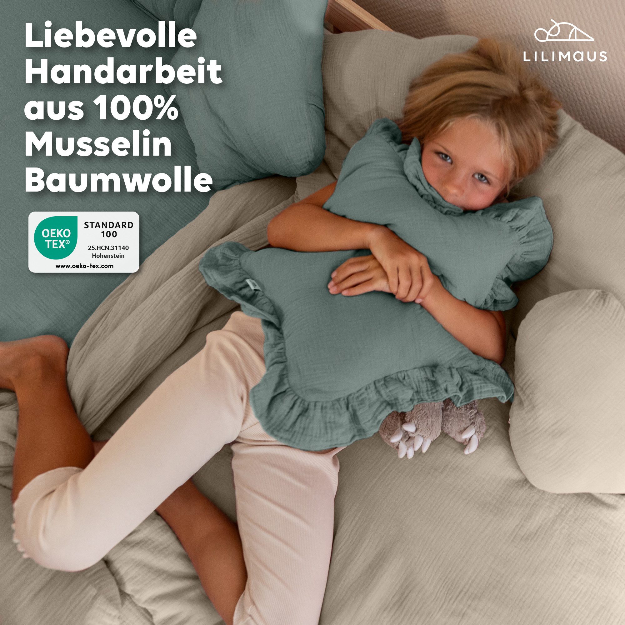 lilimaus Dekokissen Kuschelkissen Herz & Stern aus Musselin fürs Kinderzimmer, Kuschelkissen mit oder ohne Flatter - passend zu unserer Bettwäsche