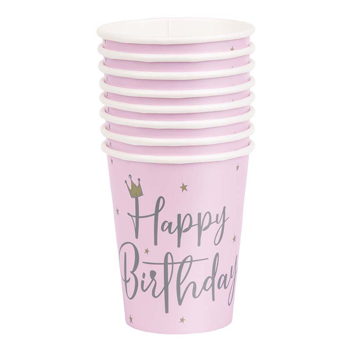 Unique Industries Inc. Einwegbecher Pappbecher Happy Birthday Schwan Pink 266ml/8Stk., Papier, Pappe