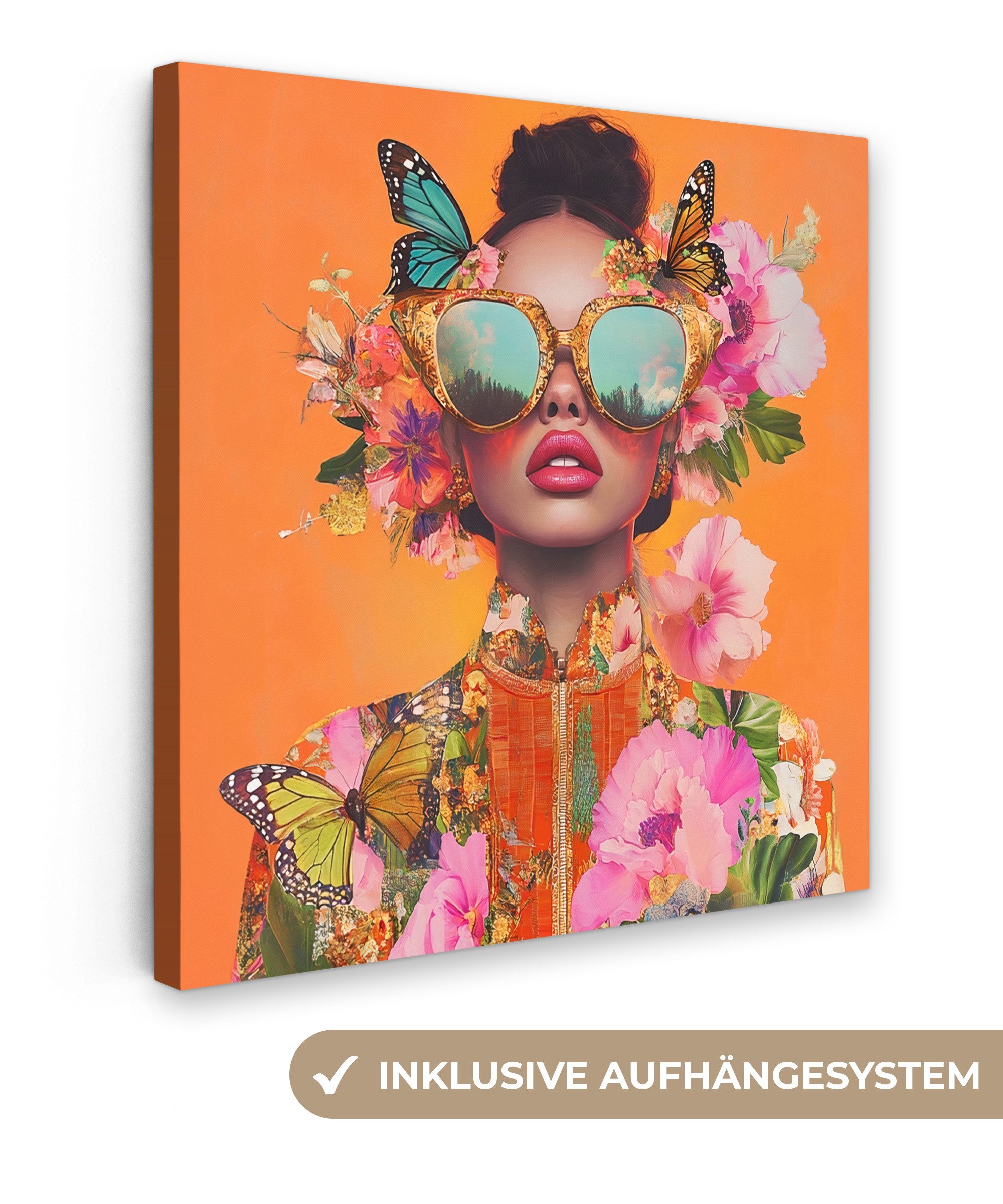 OneMillionCanvasses® Leinwandbild Schmetterlinge - Frau - Sonnenbrille - Bunt, Fotodruck (1 St), Wandbild, Deko Schlafzimmer Wohnzimmer Flur 20x20 cm