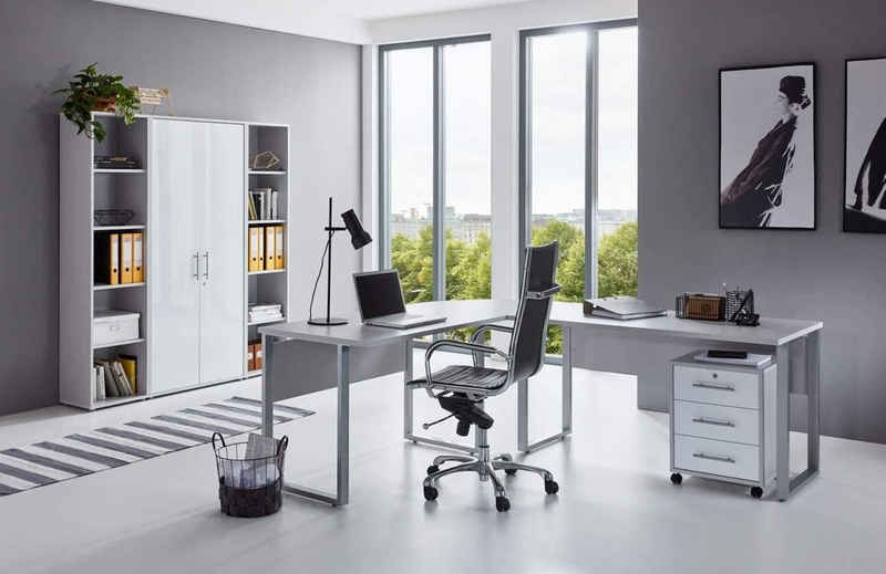 BMG Möbel Büromöbel-Set Office Edition Set 3, Büromöbel komplett Set Arbeitszimmer Home Office in Lichtgrau/Weiß Matt Made in Germany