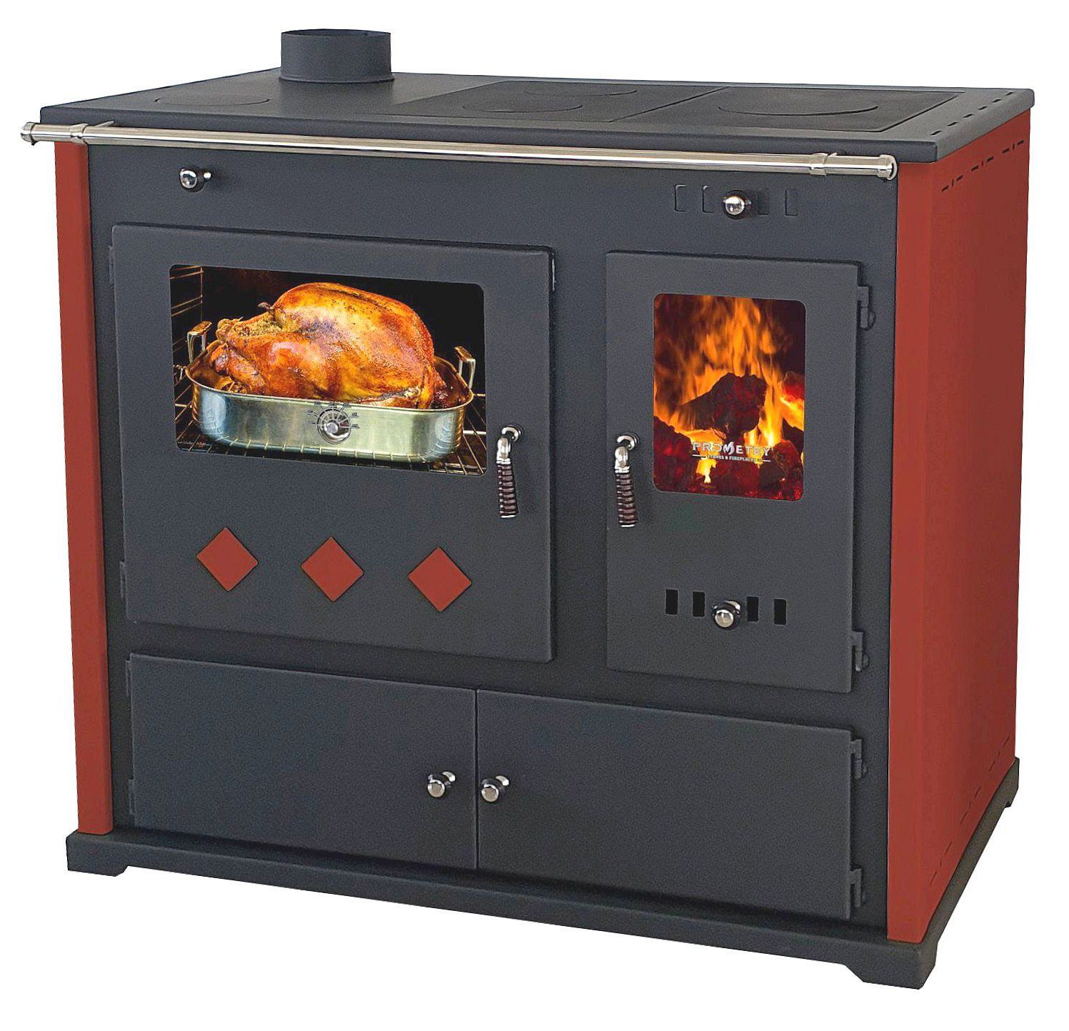 Prometey Kaminofen EEK A+ Kaminofen mit Backfach und Herdplatte Pracktik Lux Rot LINKS, 9,50 kW, Zeitbrand, Küchenofen mit Backofen, Küchenherd mit Backfach