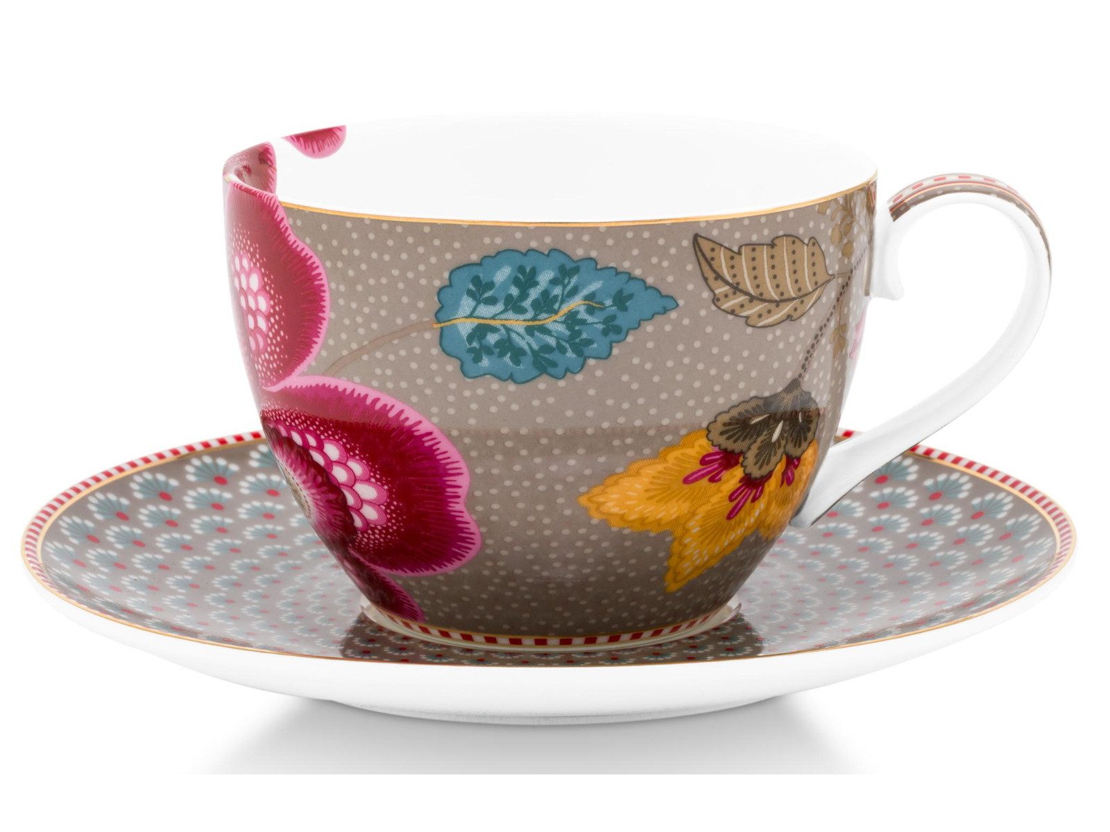 PiP Studio Tasse Blooming Tales Fantasy Khaki Tasse mit Untertasse 0,3l Set2, Porzellan