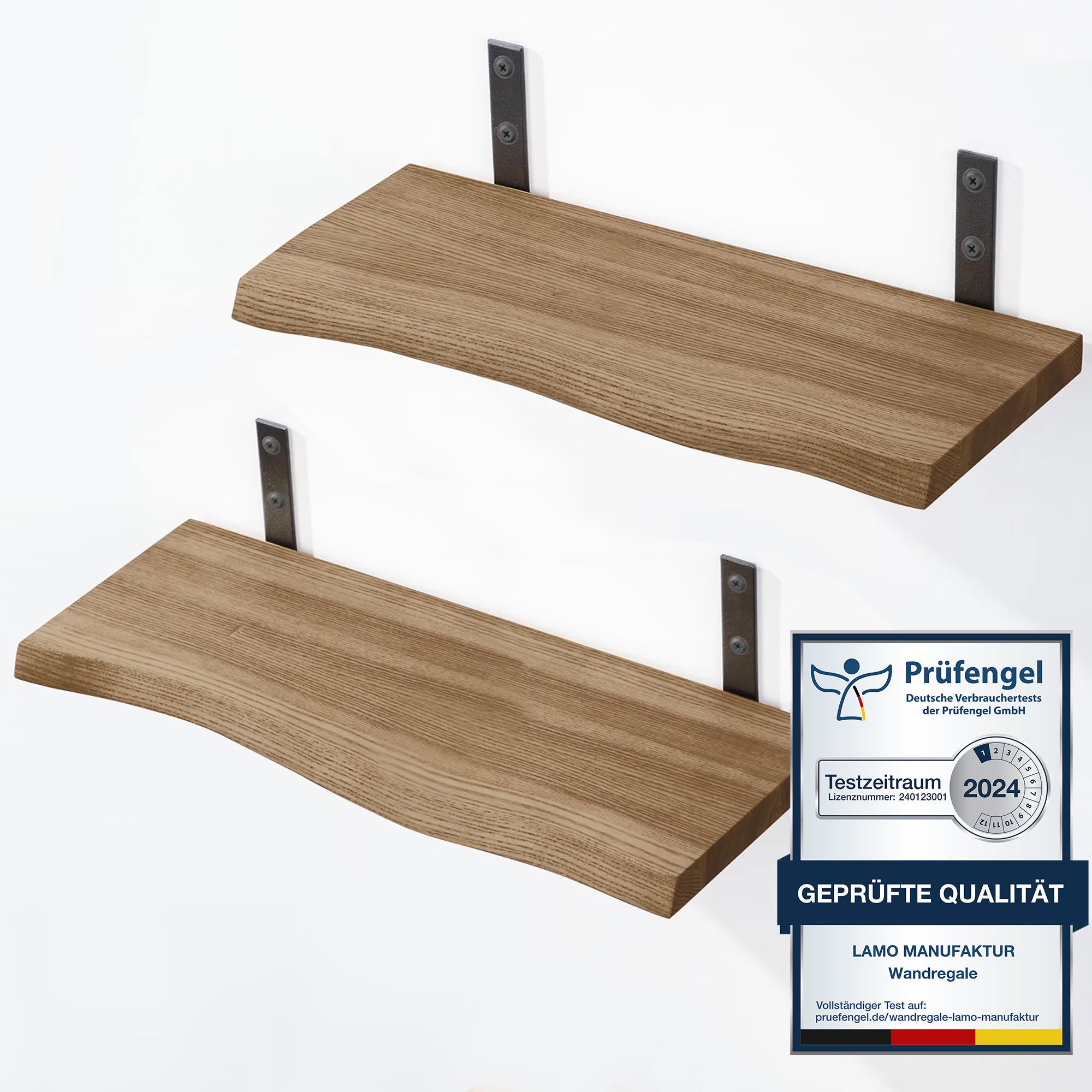 LAMO Manufaktur Wandregal LAMO Manufaktur 2 Stück Wandregal Holz 2x 42cm, Schweberegal Massiv 100% Echtholz, Wandregale SET 2 Baumkante Farbe: Nussbaum
