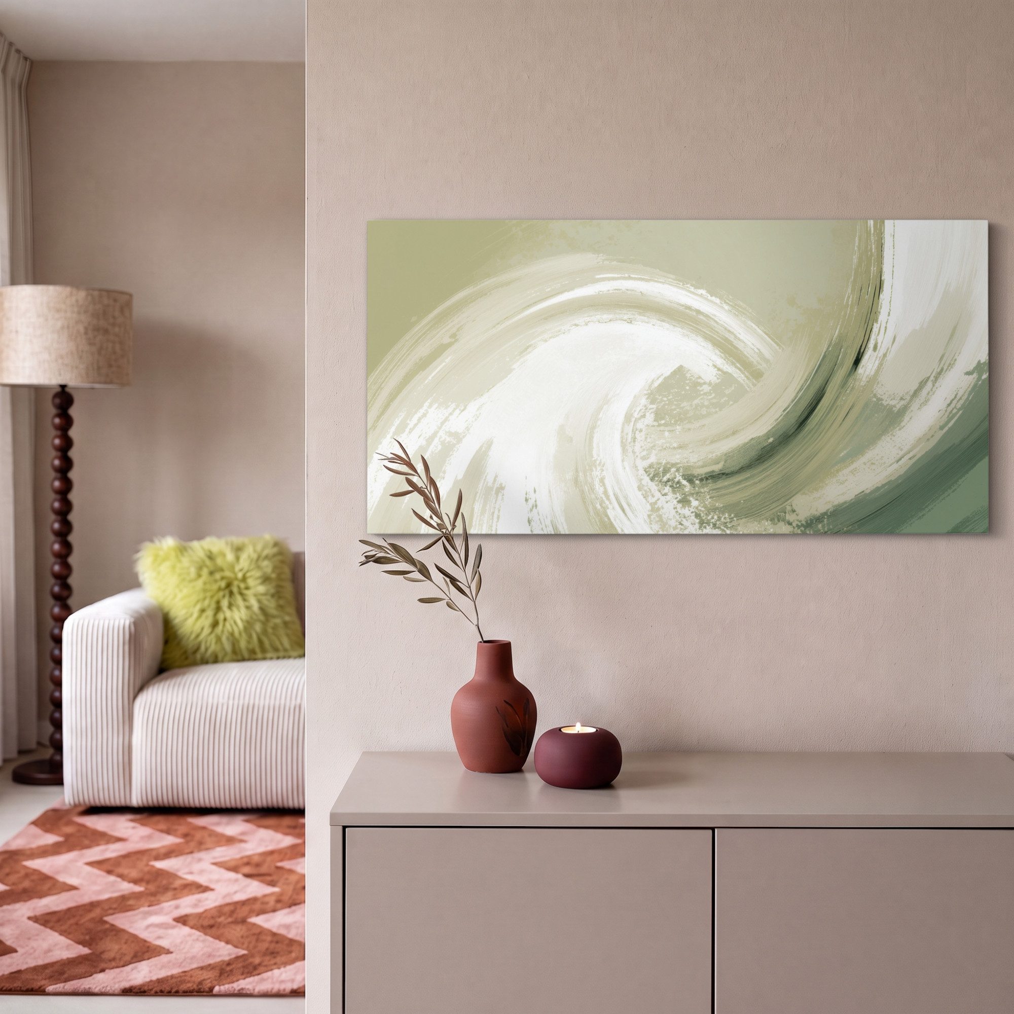 OneMillionCanvasses® Leinwandbild Panorama Abstrakt - Pinselstriche - Wellen - Grün, Fotodruck (1 St), Wandbild, Deko Schlafzimmer Wohnzimmer Flur 40x20 cm – Bild 2 von 5