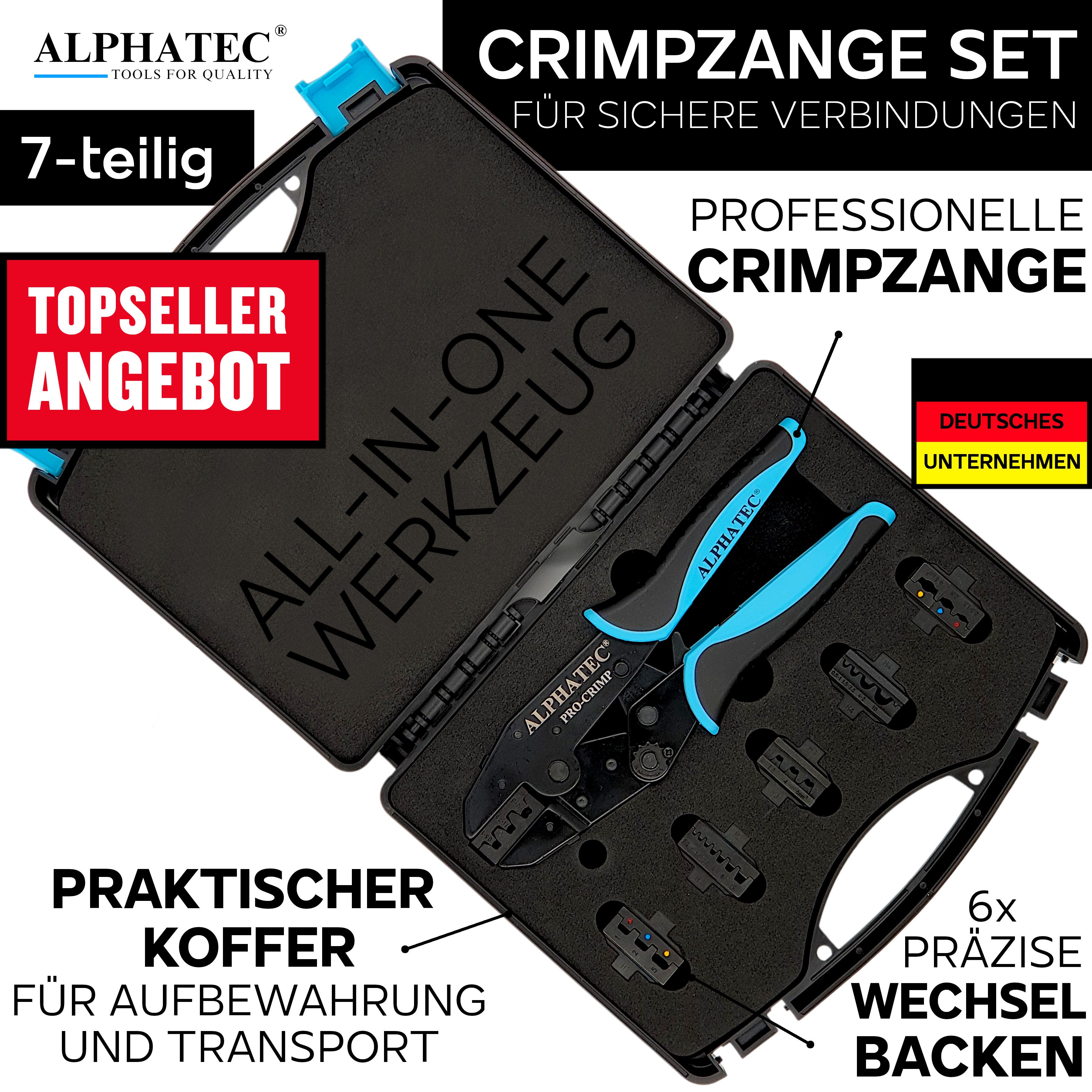 ALPHATEC® Crimpzange Crimpzangen Set mit Wechselbacken inkl. Abisolierzange 0,25-10mm² 8tlg, Kabelschuhe, Aderendhülsen, Flachstecker, Quetschverbinder, MC4, Solar