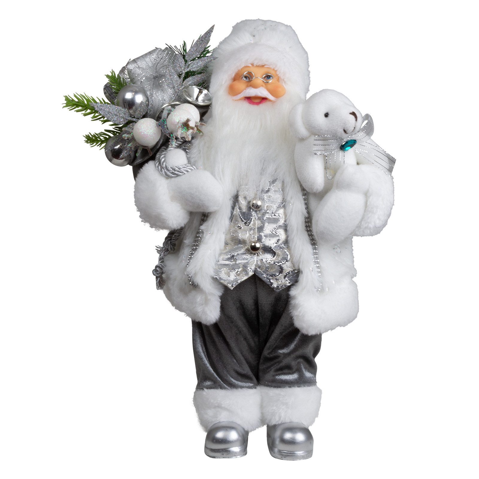 Christmas Paradise Weihnachtsmann stehend 3 Größen (30-60cm) (Deko Figur, 1 St., Santa mit Teddybär), weiß-silber