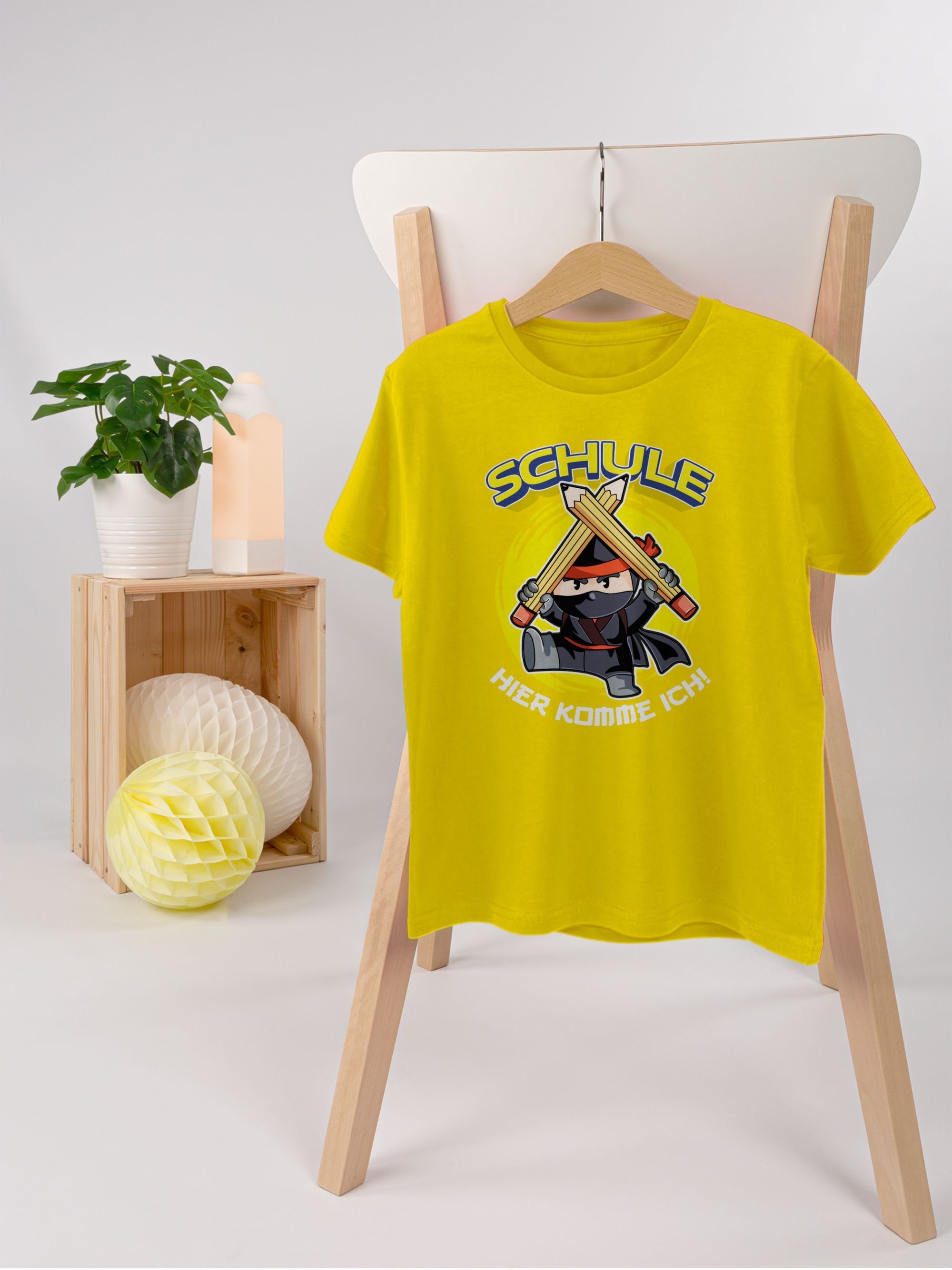 T-Shirt ich! komme Junge Einschulung Geschenke Gelb Ninja 01 Schule Shirtracer Hier Schulanfang