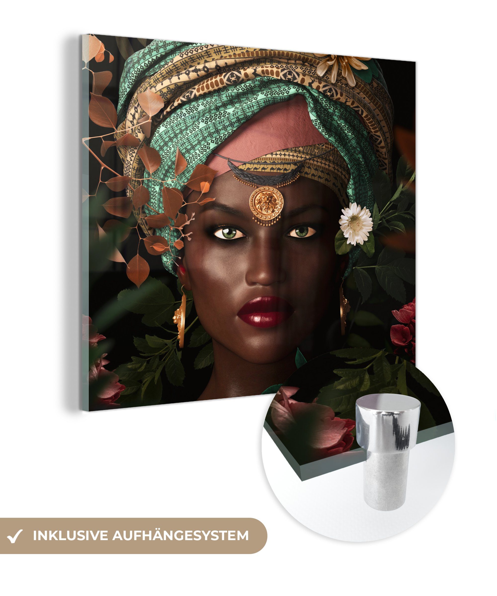 MuchoWow Acrylglasbild Frau - Blumen - Schmetterlinge - Pflanzen - Schmuck - Luxus, (1 St), Glasbilder - Bilder auf Glas Wandbild - Foto auf Glas - Wanddekoration bunt