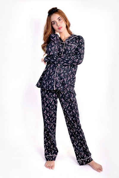 SNOOZE OFF Pyjama Schlafanzug in schwarz mit Herzendruck (2 tlg., 1 Stück) mit Kontrastpaspel-Details