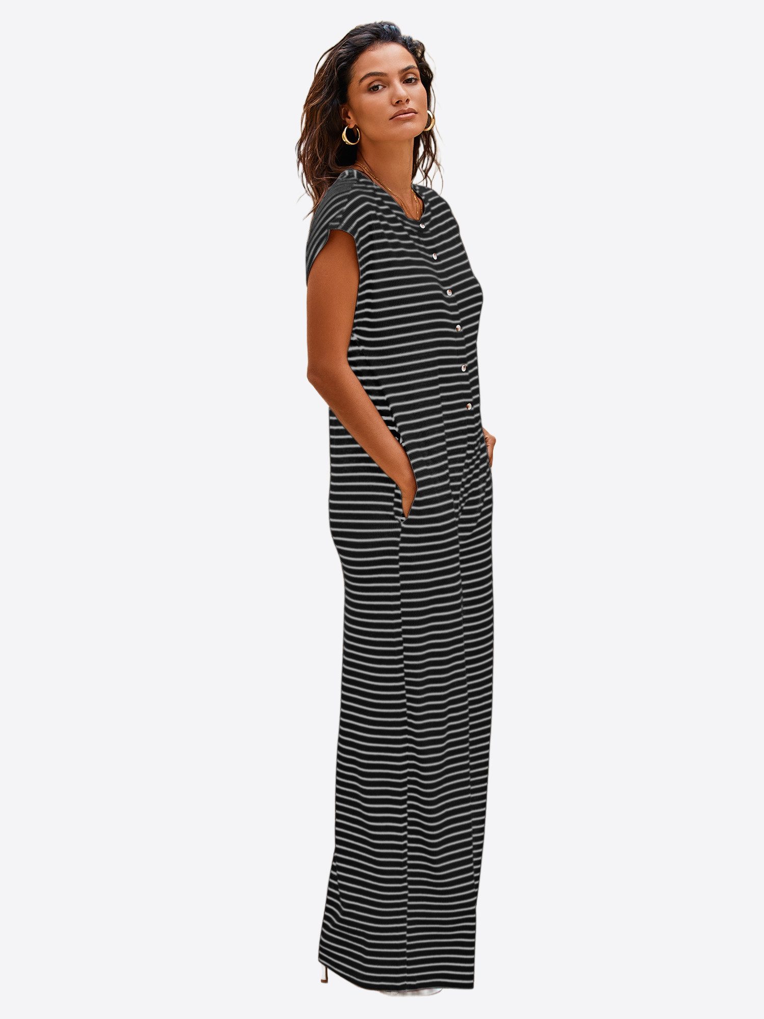 Imily Bela Jumpsuit Damen Hausanzug Homewear Gestreift Weit Bein Waffelstrick Sommer Loose (Packung, 1-tlg., 1per-Pack) mit Knopfleiste gehäkelt