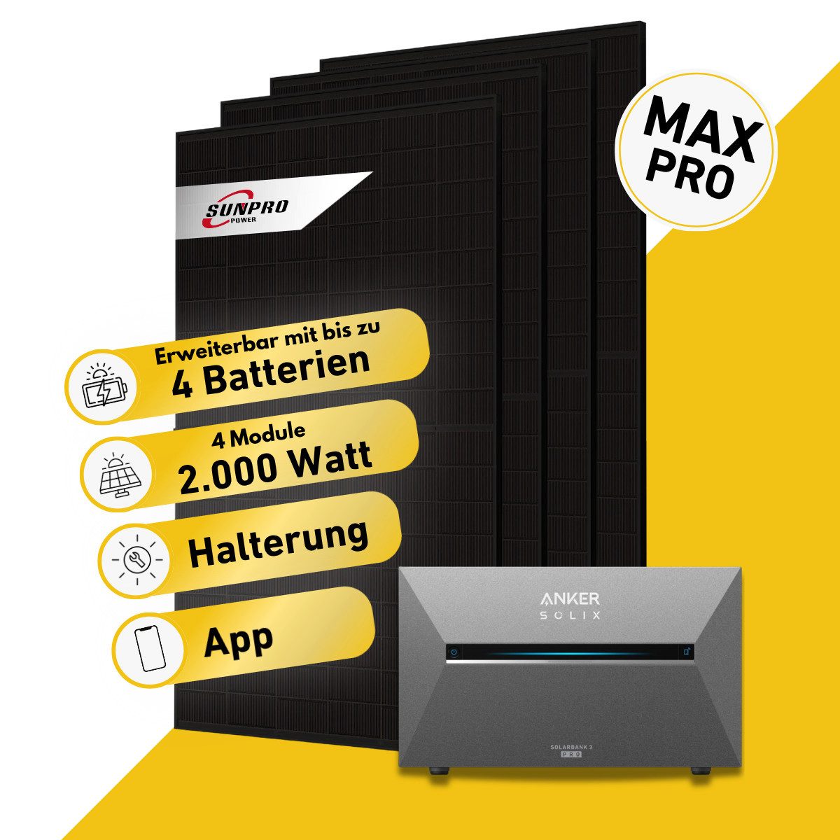 Balkonstrom Balkonkraftwerk MAX Pro 2000 Watt Solaranlage mit Speicher Komplettset Bifazial, 2000 W, Monokristallin, (4x Sunpro Solarmodul á 500 Watt, 1x Anker Solix 3 Pro Solarspeicher E2700, 1-4 Zusatzspeicher BP2700), Halterung für Dach, Fassade, Balkon & Garten, App & Plug&Play DE