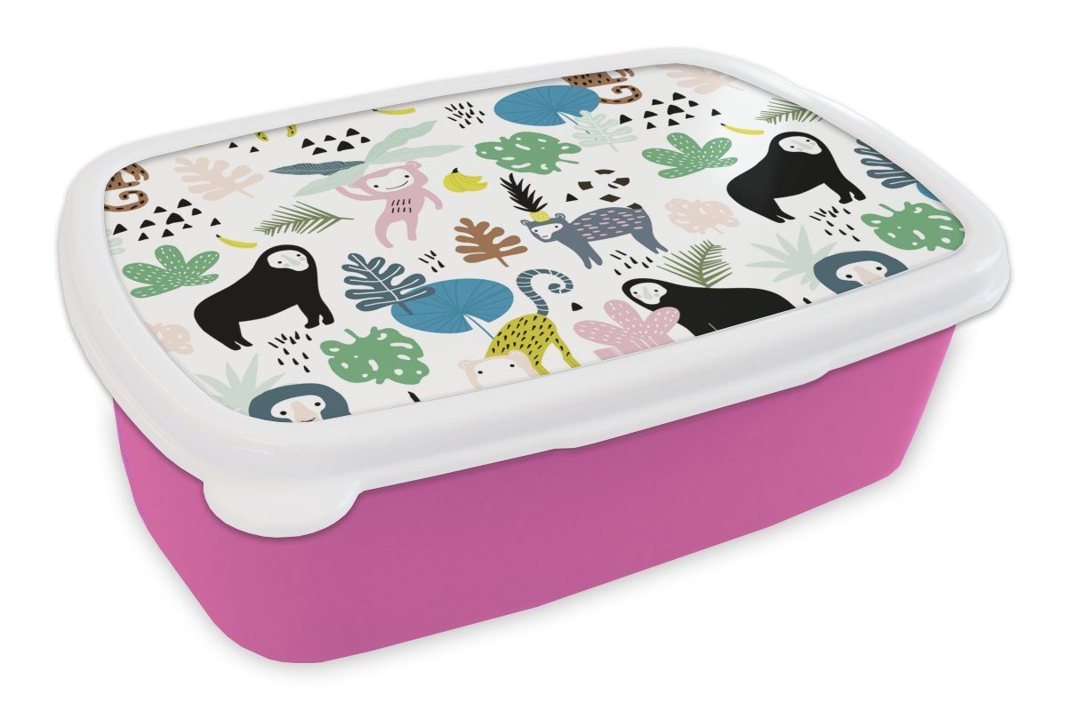 MuchoWow Lunchbox Tiere - Pflanzen - Dschungel, Kunststoff, (2-tlg), Brotbox für Erwachsene, Brotdose Kinder, Snackbox, Mädchen, Kunststoff rosa