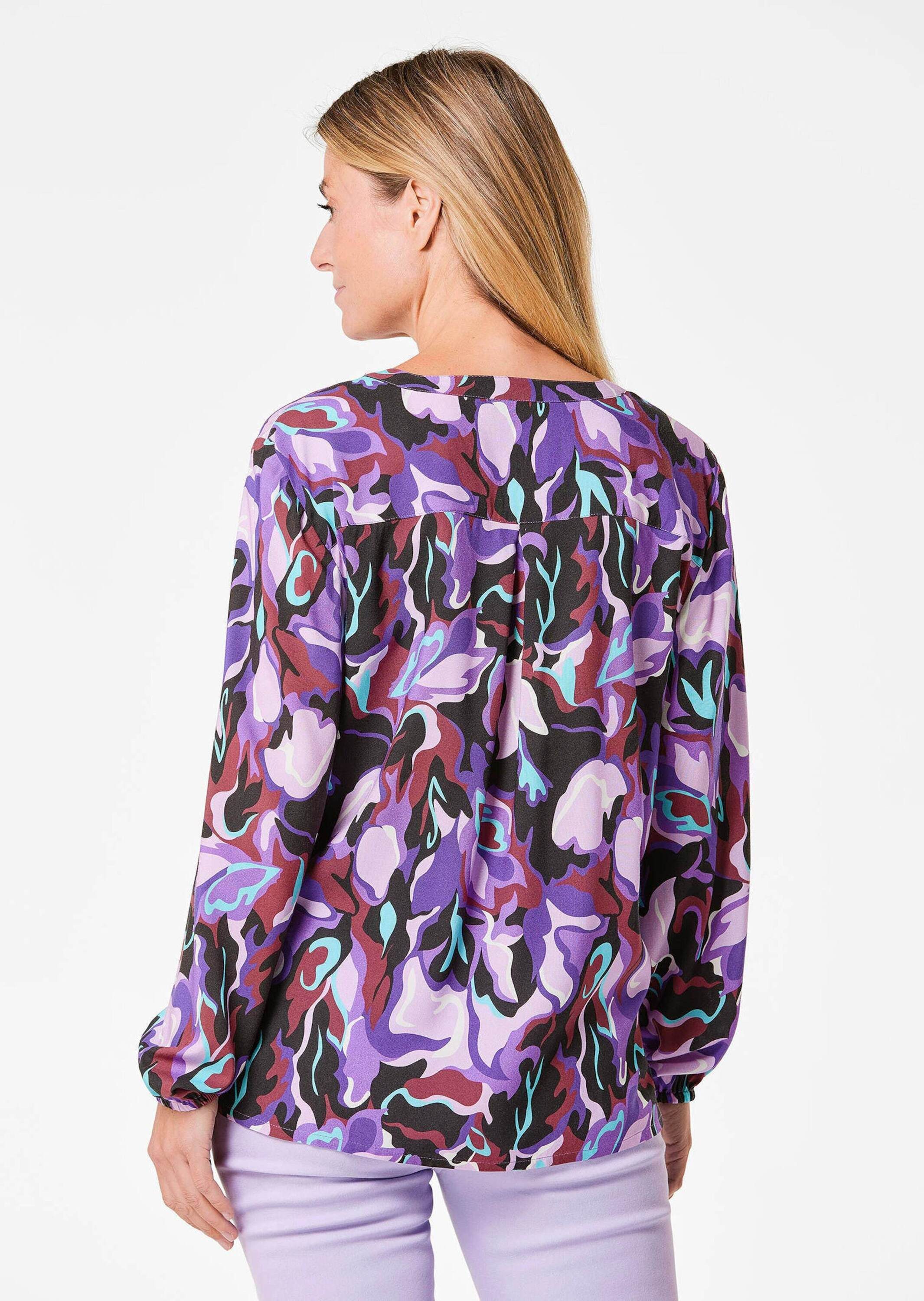 GOLDNER Schlupfbluse Kurzgröße: Printbluse mit Allover-Druck Viskosebluse mit Rundhals mit Schlitz, halblange Knopfleiste, Langarm