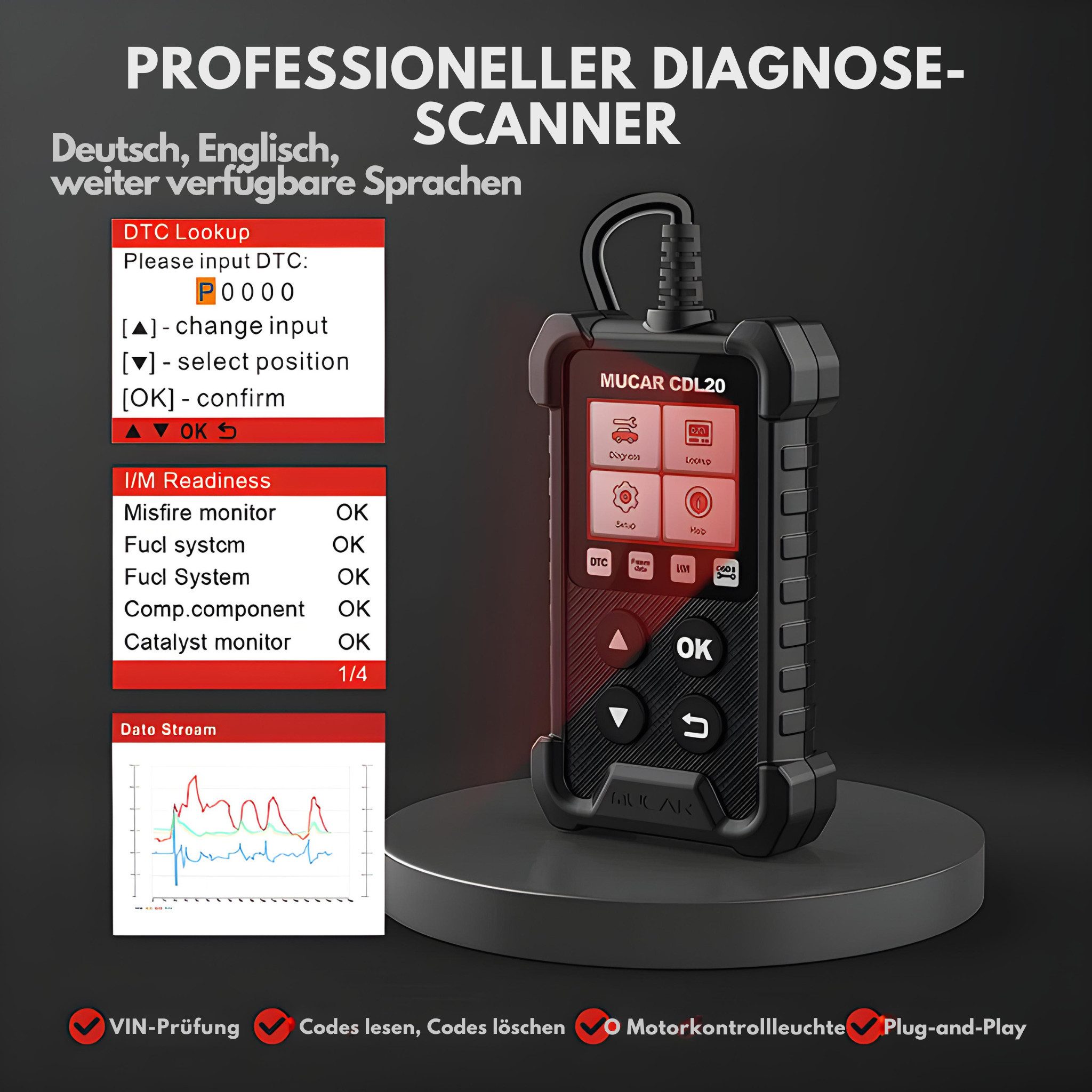 MUCAR OBD2 Car Diagnostic Tool, Professional OBD2 Car Diagnostic Tool, Car Readout, Car Diagnostic Tester, Vehicle Diagnostic Device, Live Parameters, Fault Codes