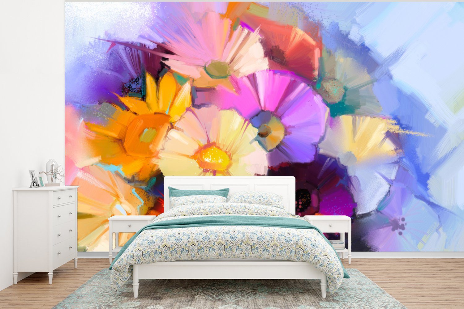 MuchoWow Fototapete Ölfarbe - Farben - Blumen, Matt, bedruckt, (6 St), Wallpaper für Wohnzimmer, Schlafzimmer, Kinderzimmer, Vinyl Tapete