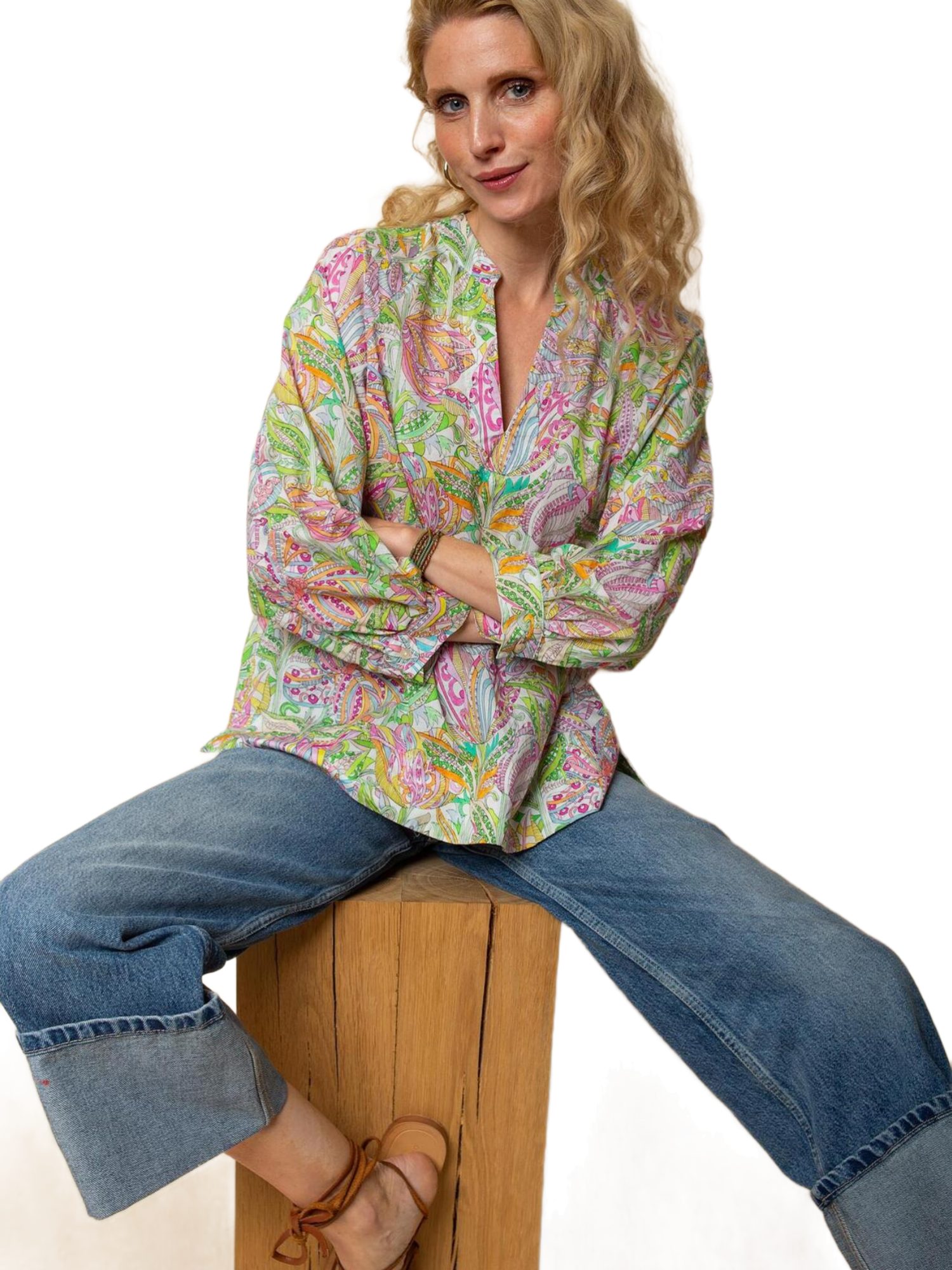 Emily Van Den Bergh Blusenshirt bunt,Casual,Baumwolle,Allover-Print,V-Ausschnitt,7/8 Arm,Casual Fit